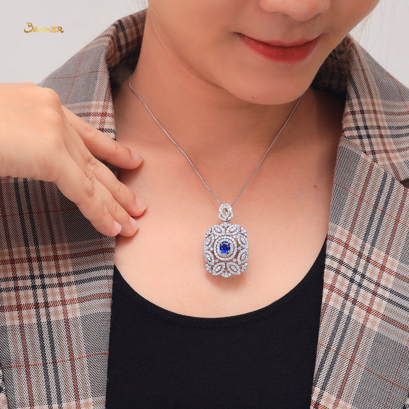 Natural Mogok Sapphire and Diamond Double Halo Kanote Pendant