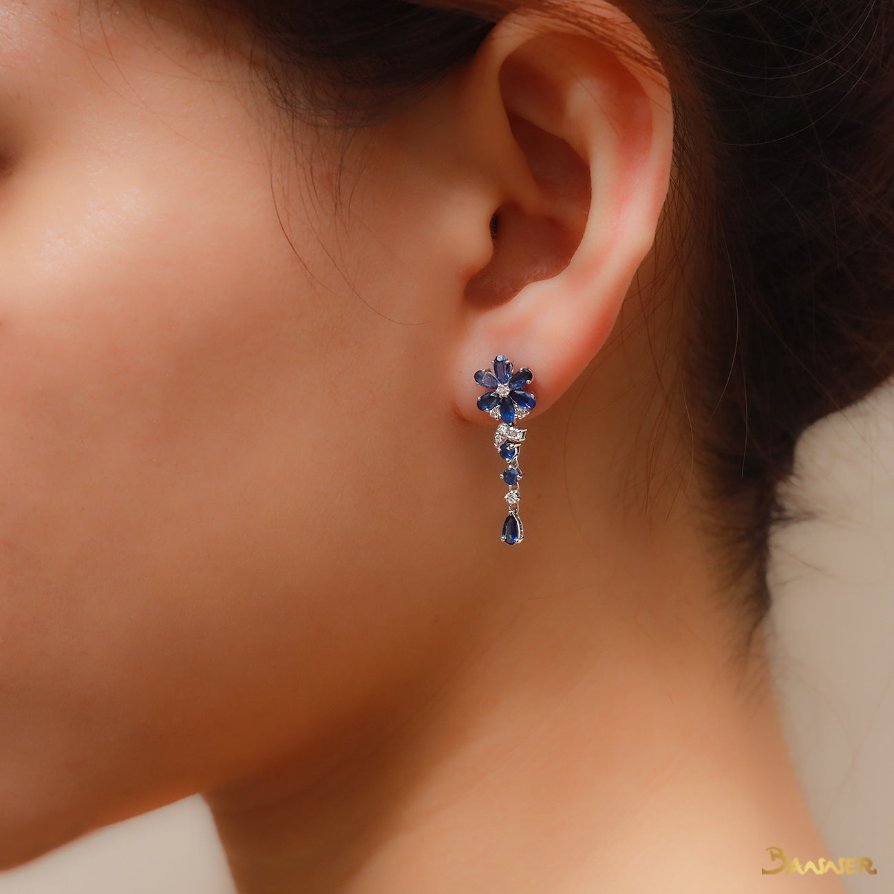 Sapphire and Diamond Floral Dangle Earrings