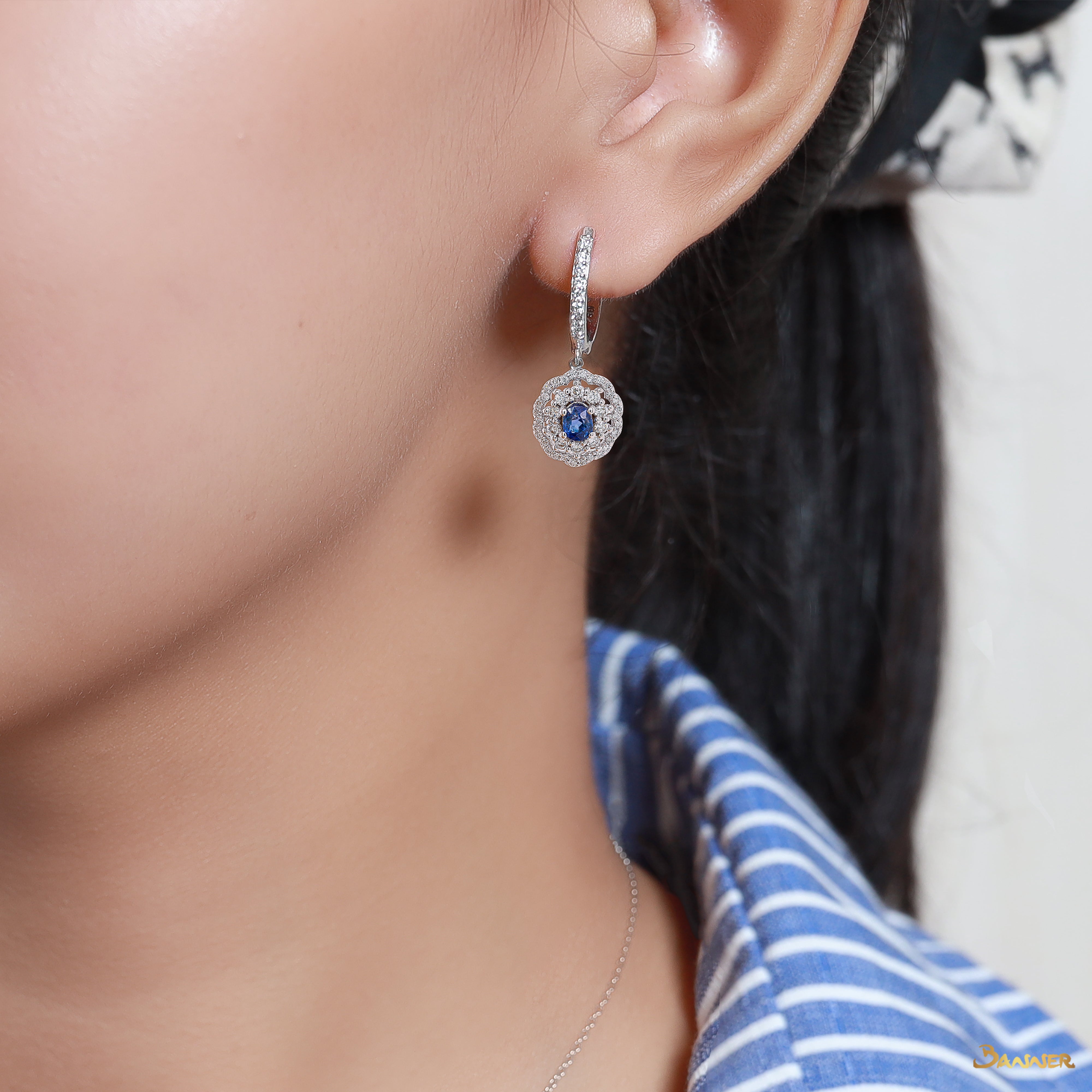 Sapphire and Diamond Floral Dangle Earrings