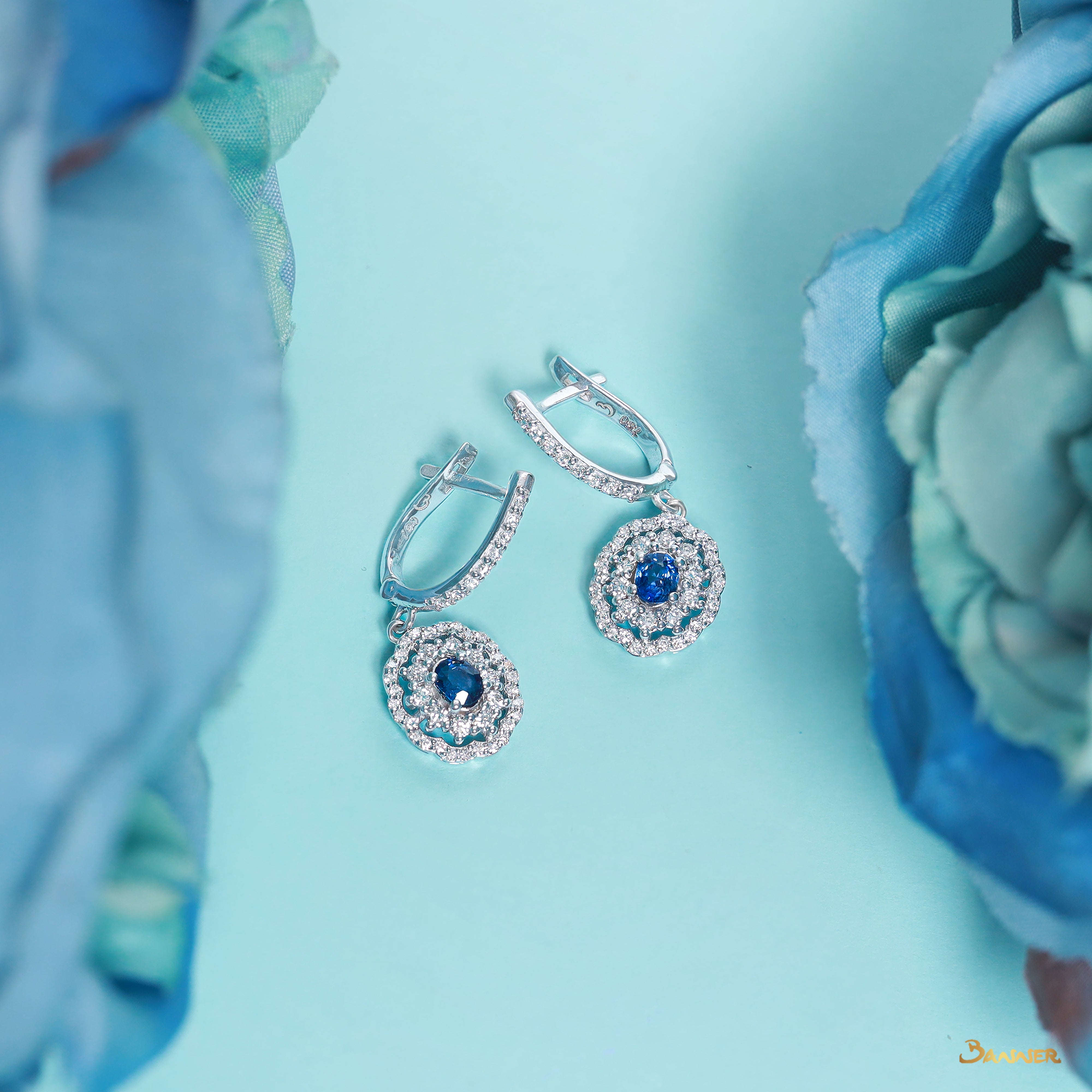 Sapphire and Diamond Floral Dangle Earrings