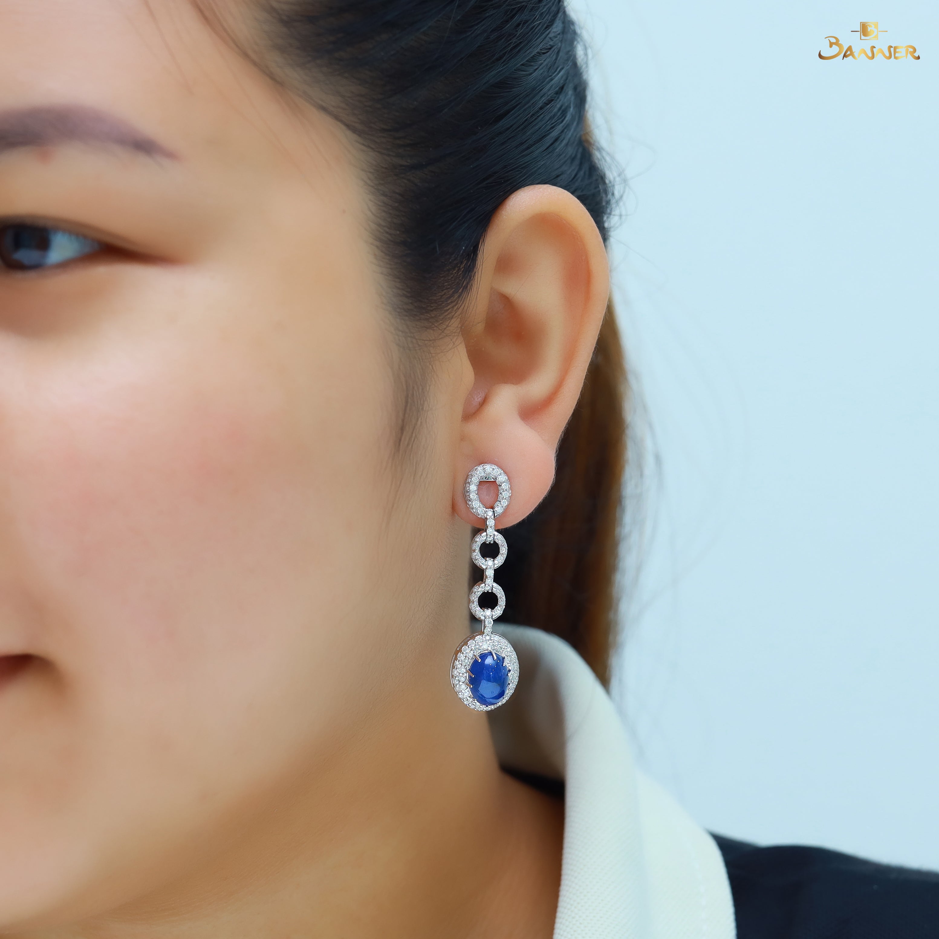 Sapphire Cabochon and Diamond Earrings