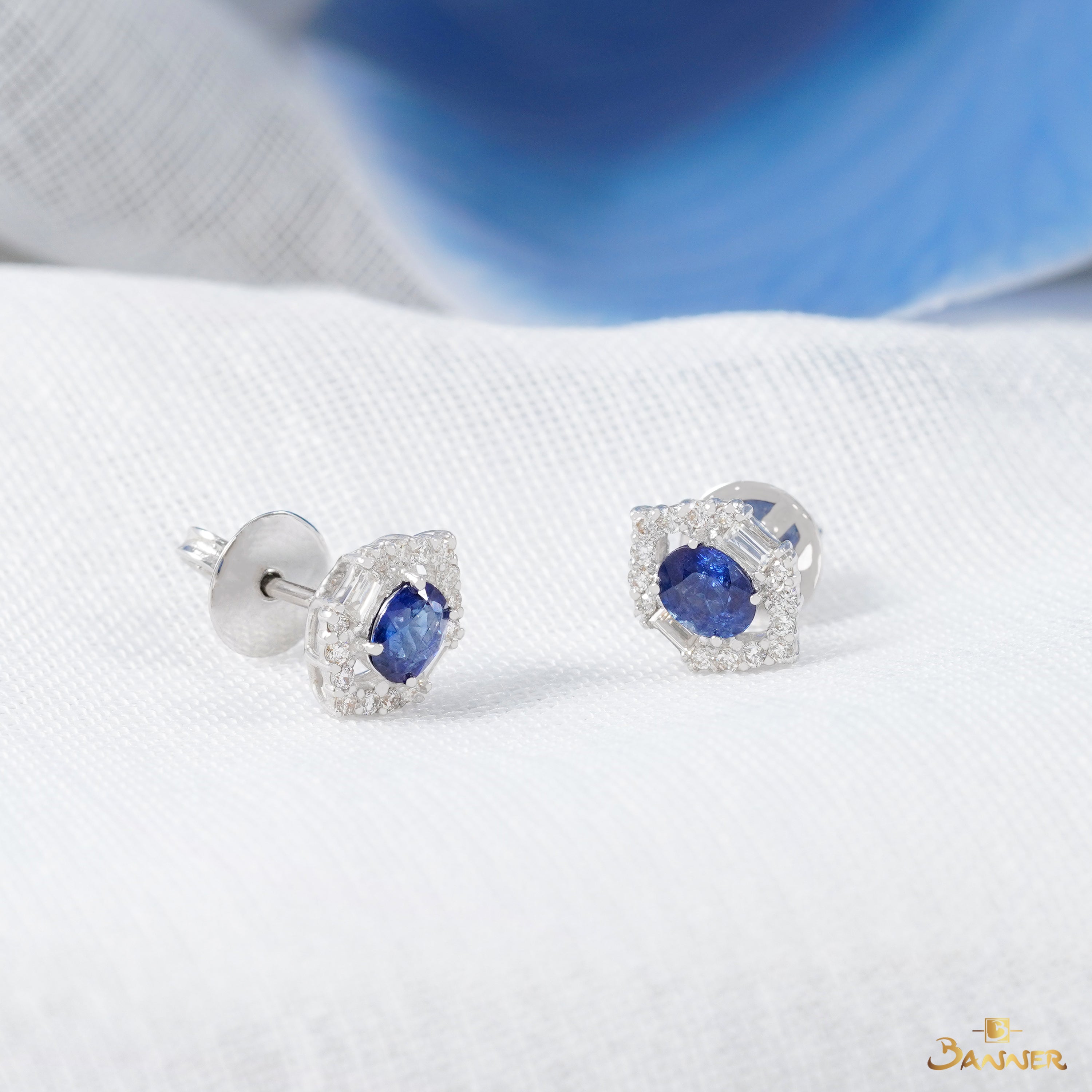 Sapphire and Baguette Diamond Luna Halo Earrings