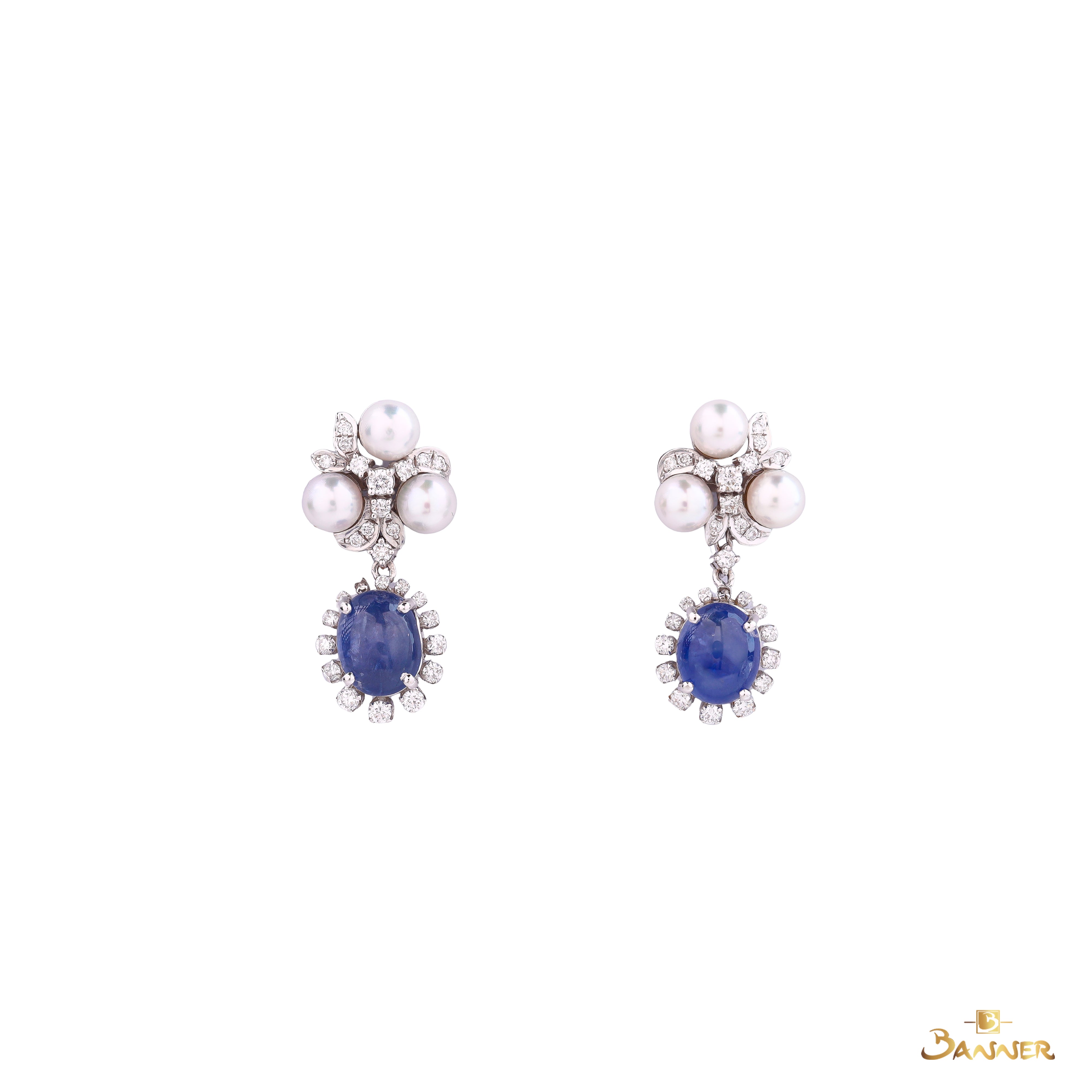 Pearl , Sapphire Cabochon and Diamond Petal Earrings