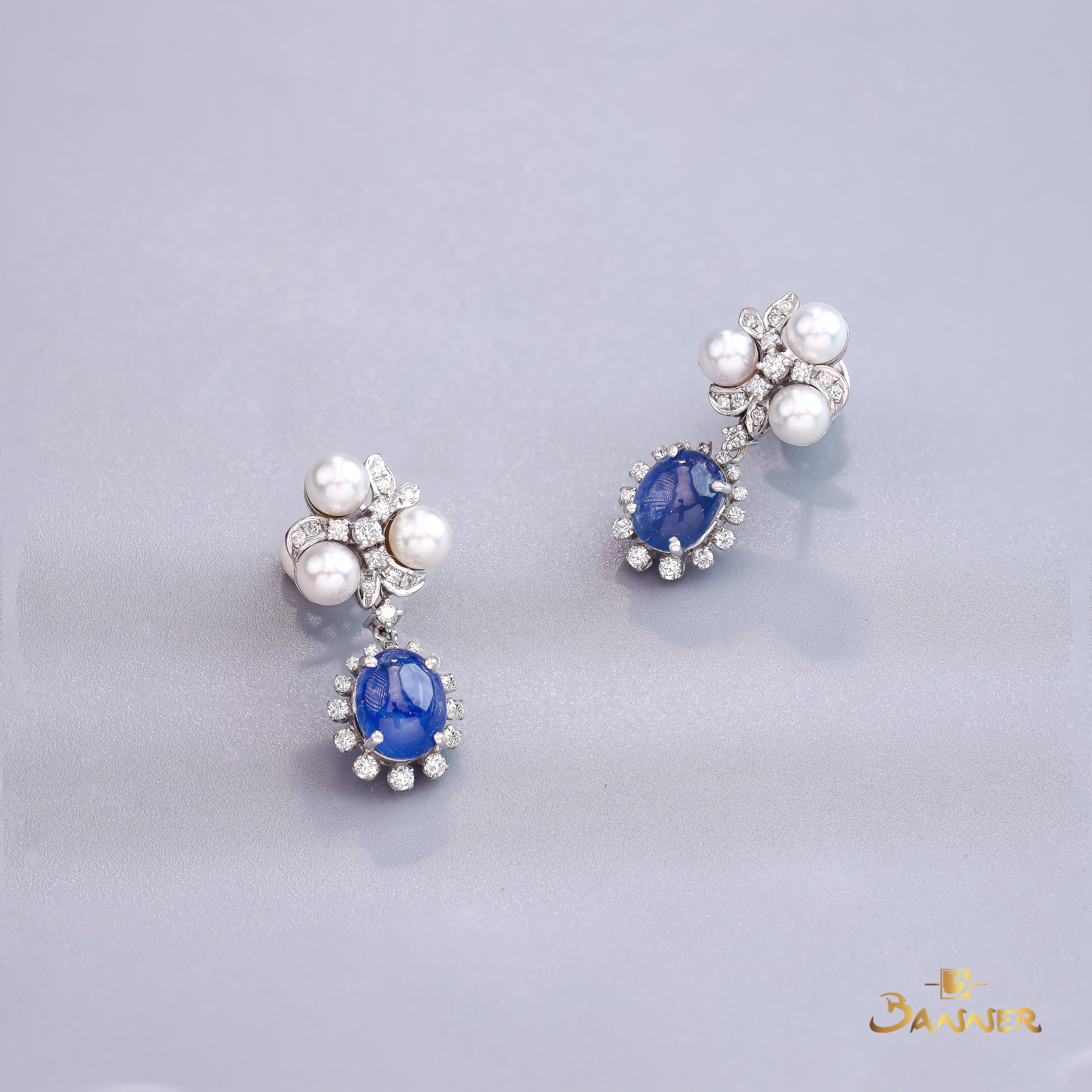 Pearl , Sapphire Cabochon and Diamond Petal Earrings
