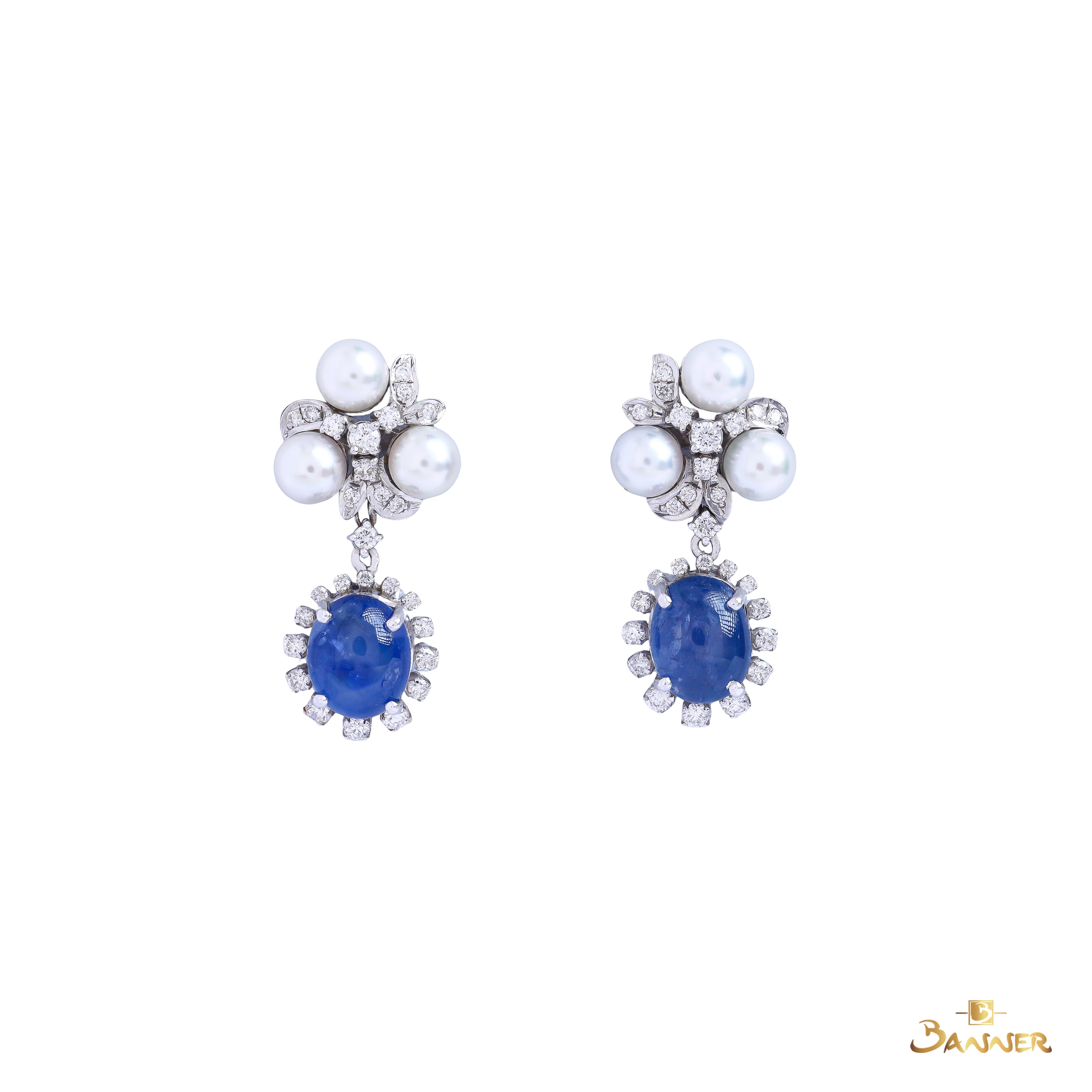 Pearl , Sapphire Cabochon and Diamond Petal Earrings
