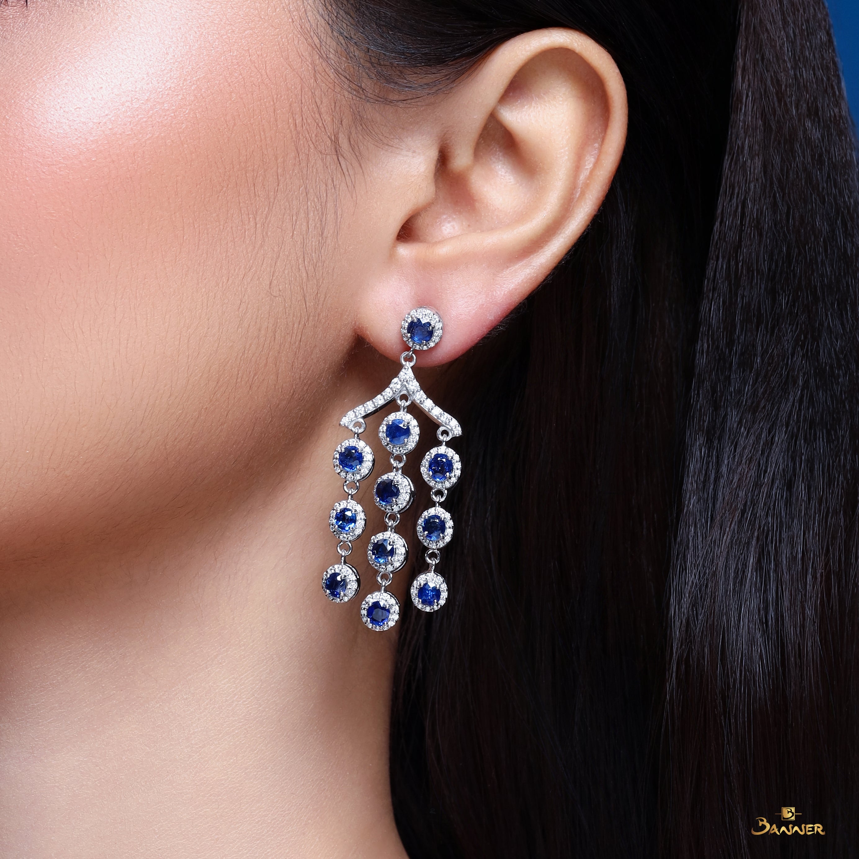 Sapphire and Diamond Halo Chandelier Drops Earrings