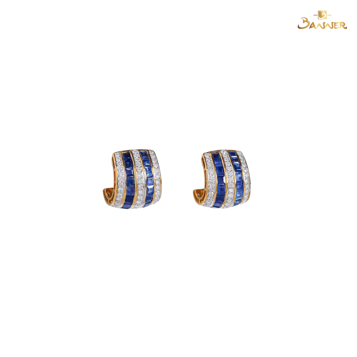 Emerald-cut Sapphire and Diamond Multi Rows Earrings
