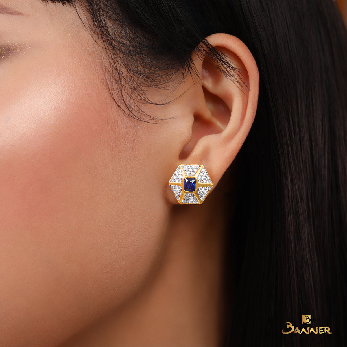 Sapphire and Diamond Hexagon Earrings