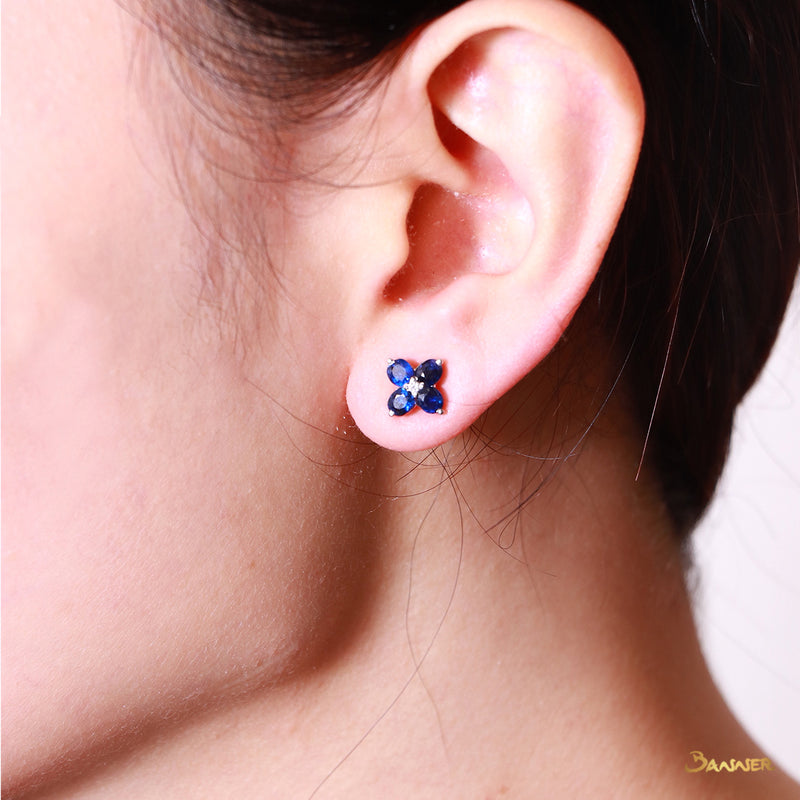 Sapphire Earring Four Petal Flower with Diamond