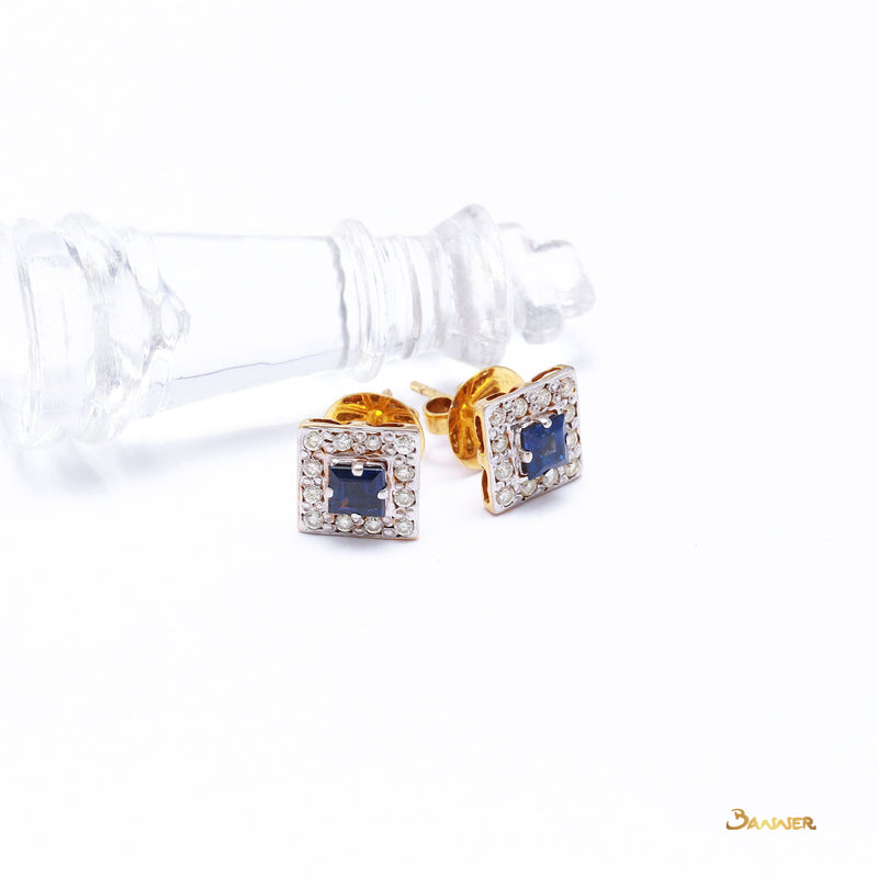 Sapphire Emerald-cut and Diamond Halo Earrings