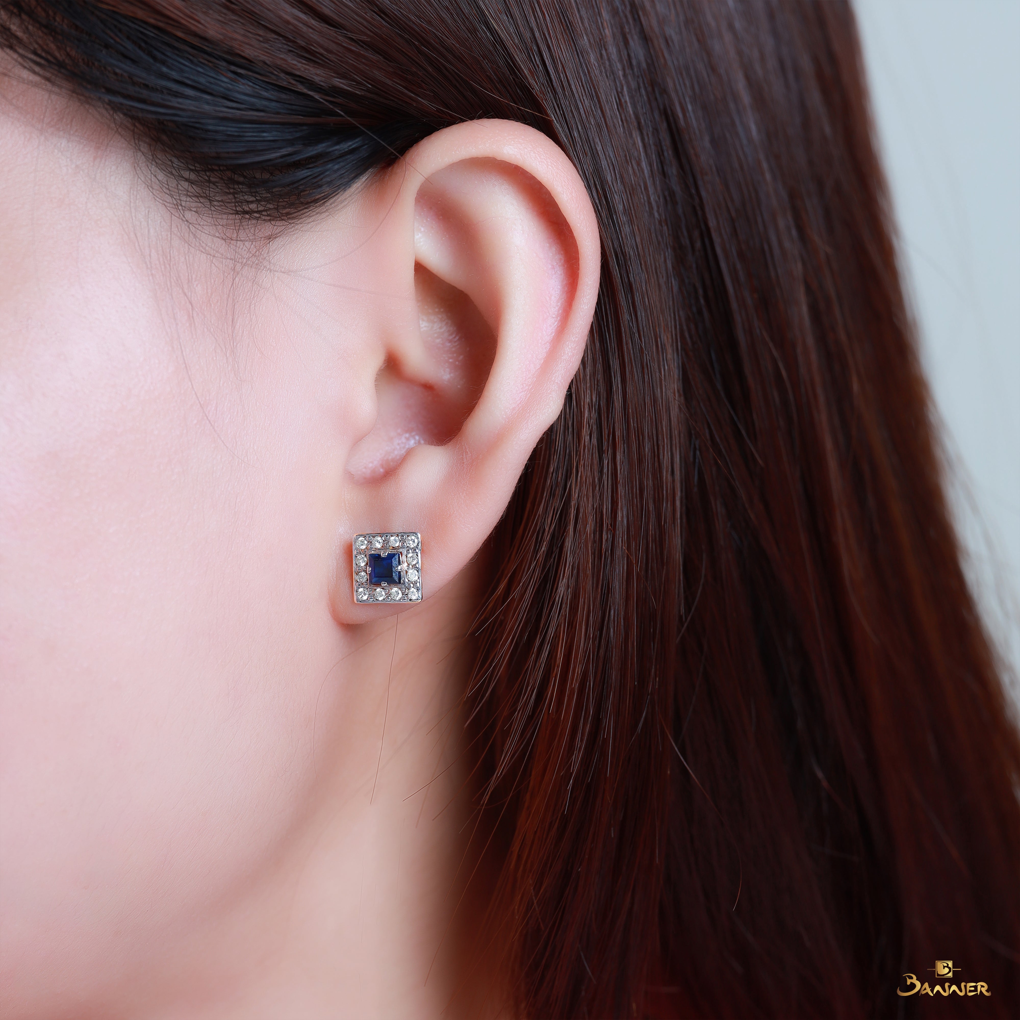 Sapphire Emerald-cut and Diamond Halo Earrings