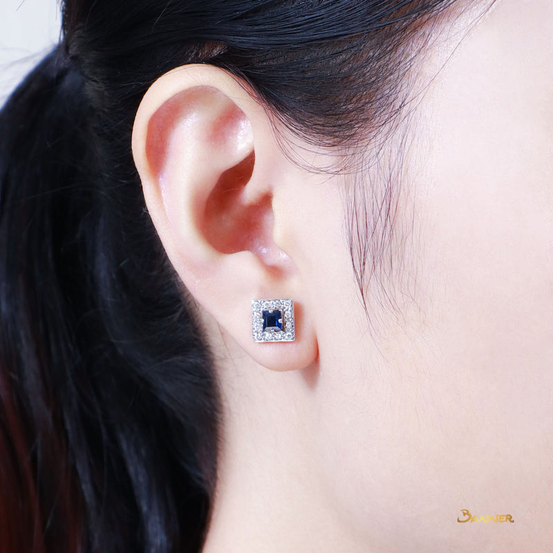 Sapphire Emerald-cut and Diamond Halo Earrings