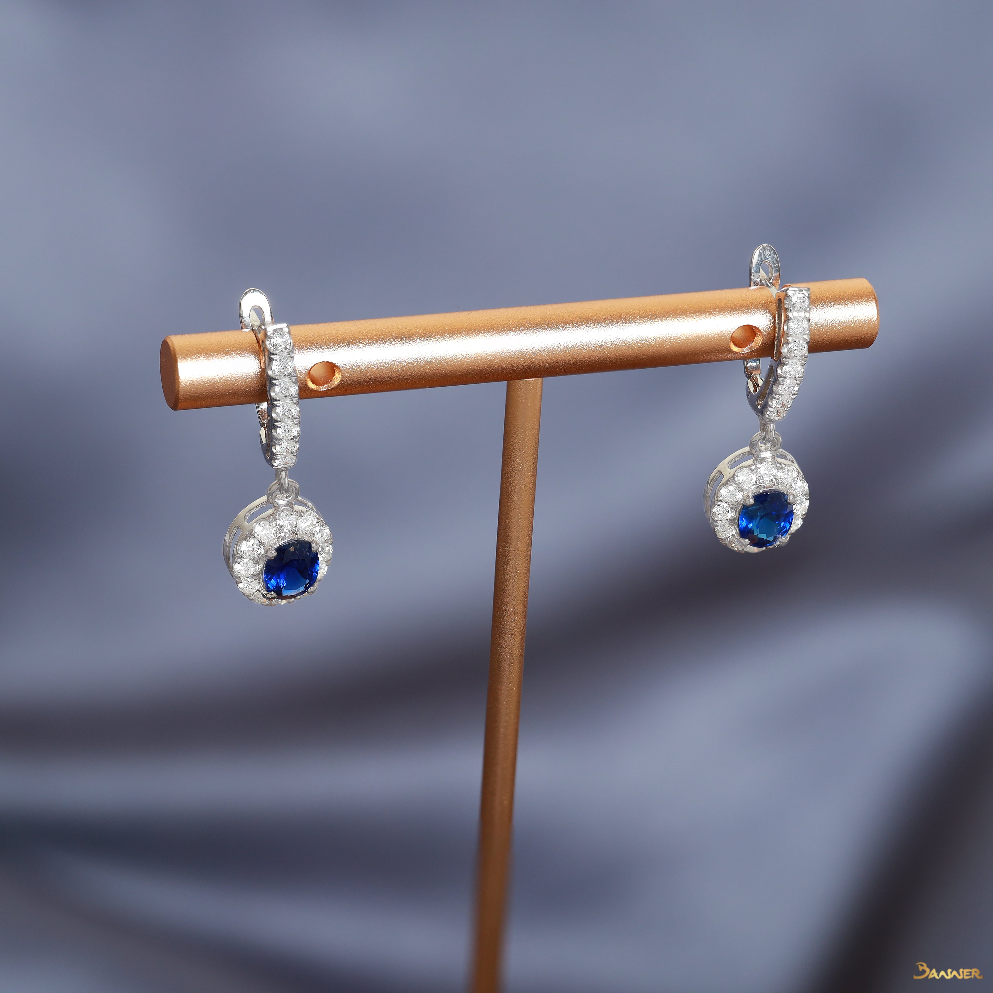 Sapphire and Diamond Halo Dangling Earrings