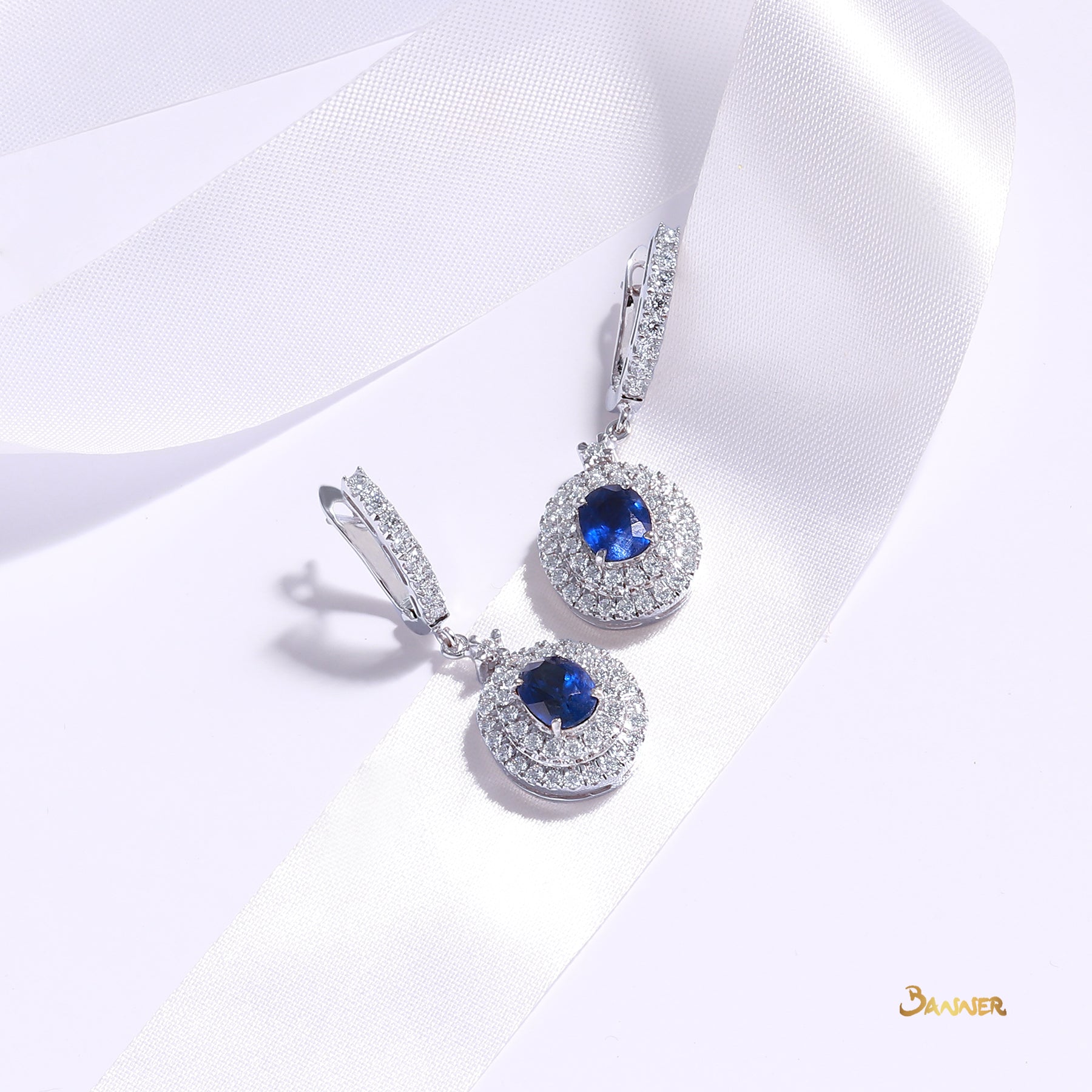 Sapphire and Diamond Double Halo Dangling Earrings