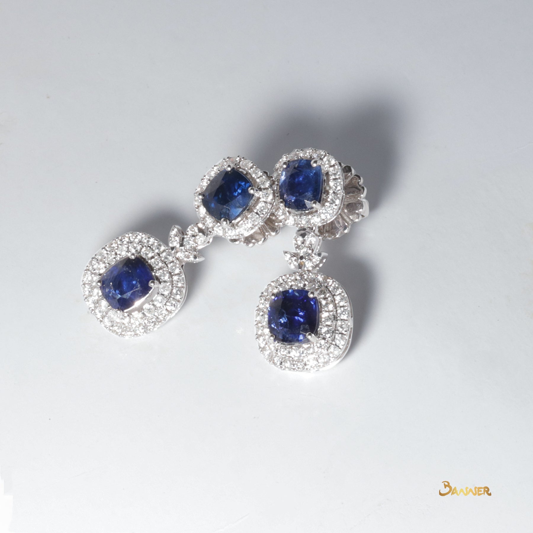 Sapphire and Diamond 2-step Dangle Halo Earrings