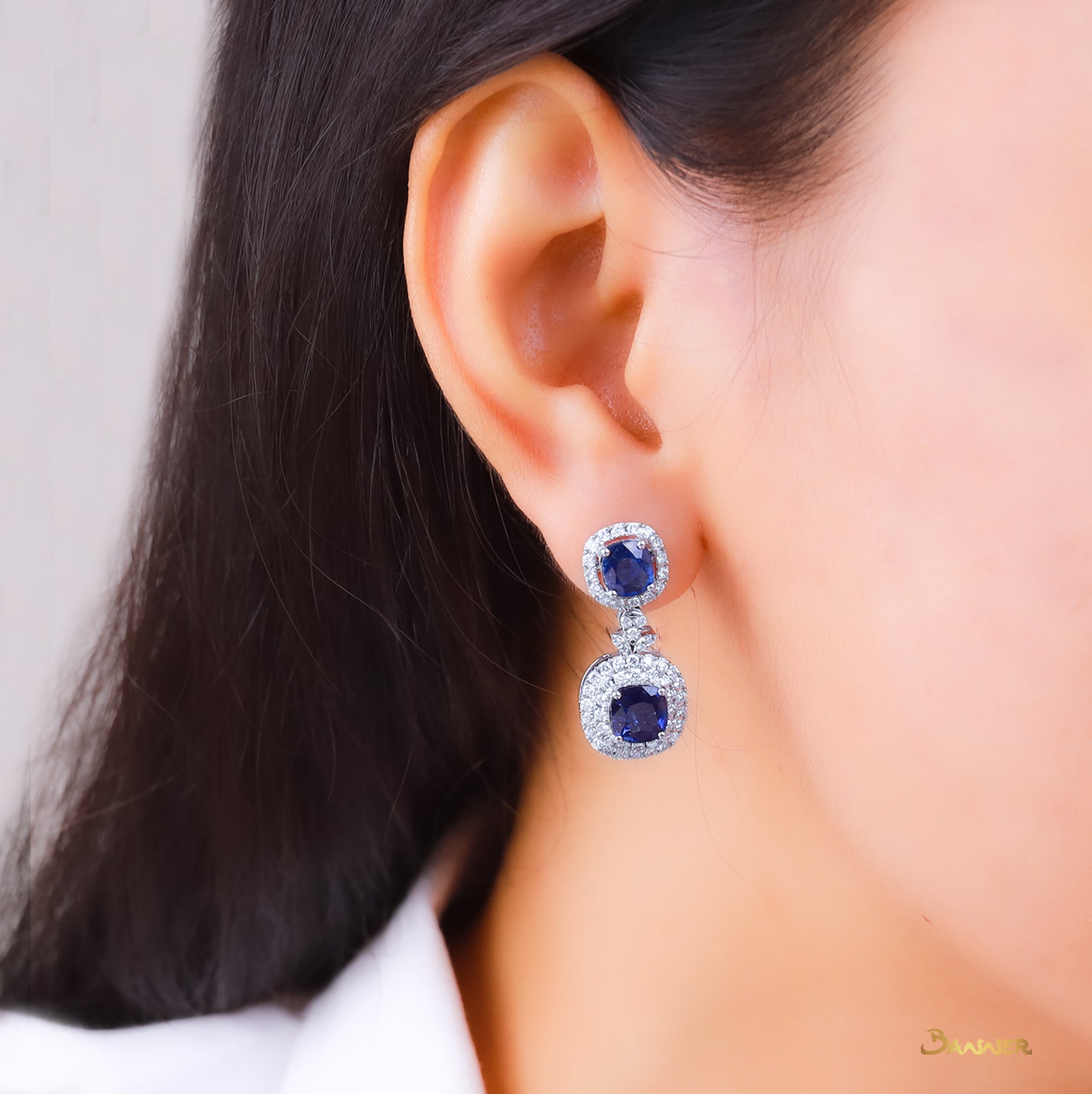 Sapphire and Diamond 2-step Dangle Halo Earrings