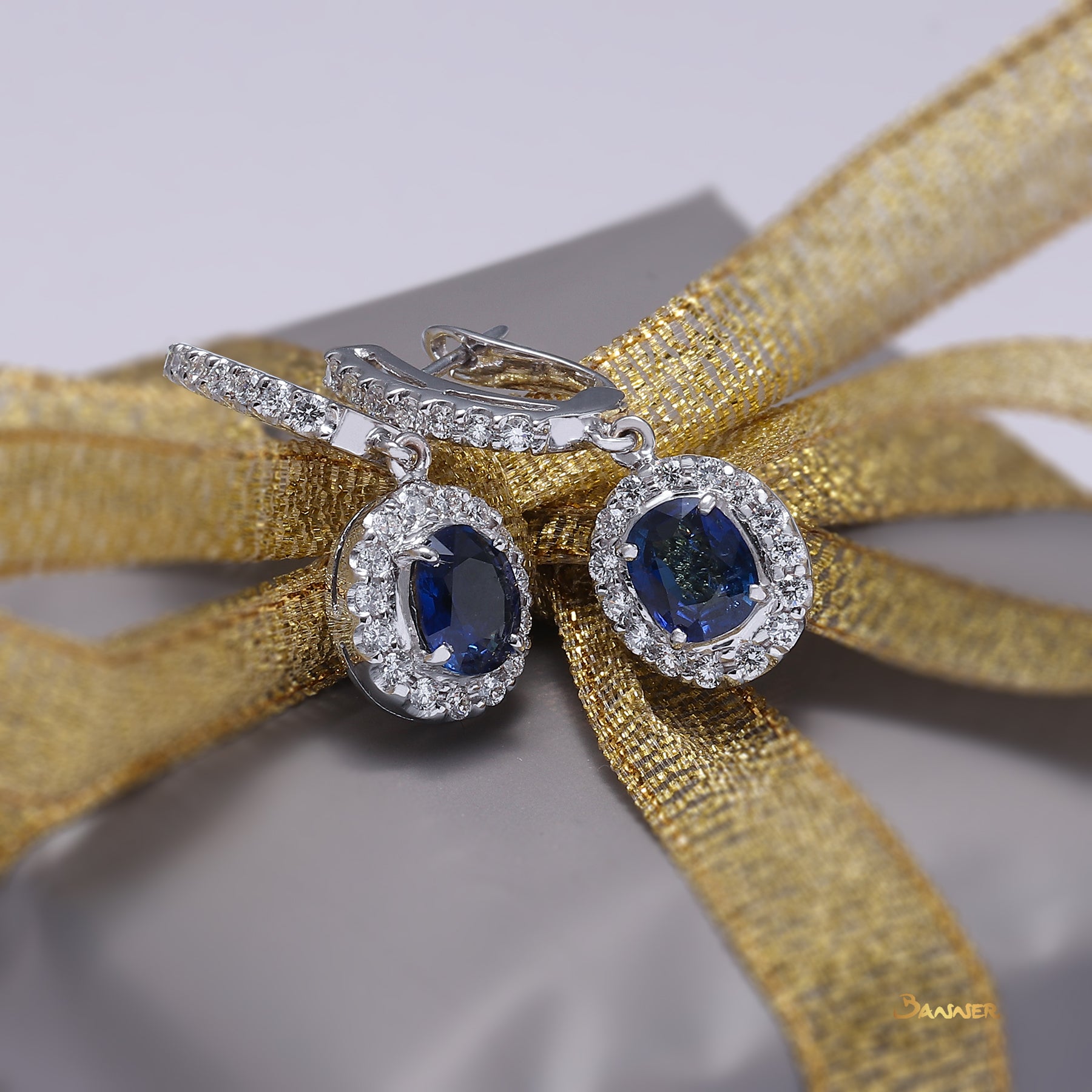 Sapphire and Diamond Halo Dangling Earrings