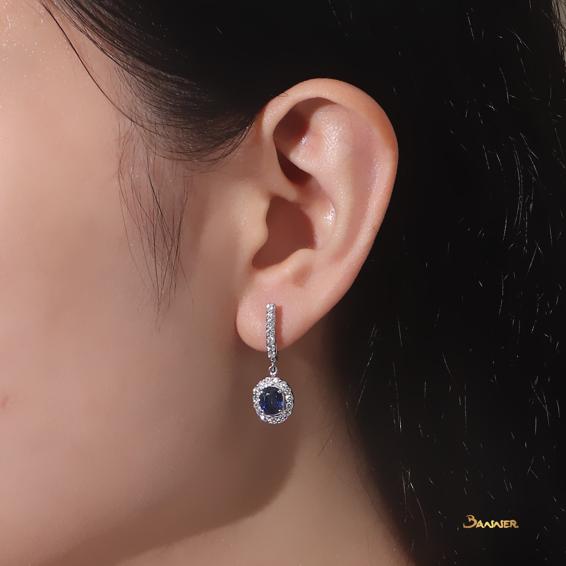 Sapphire and Diamond Halo Dangling Earrings