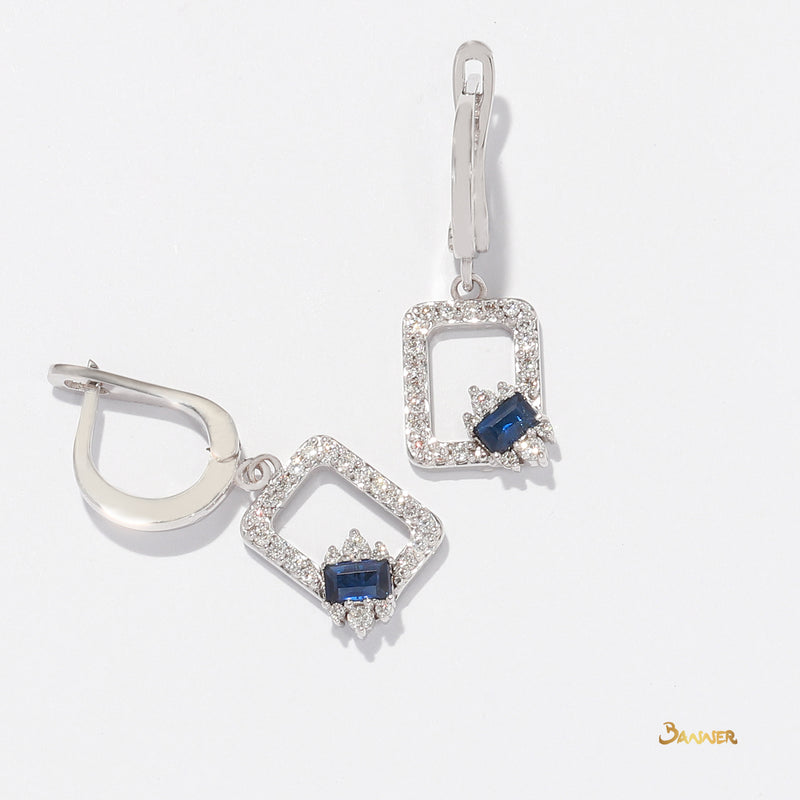 Emerald-cut Sapphire and Diamond Square Shape Dangle Earrings