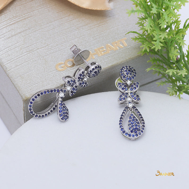 Sapphire and Diamond Drop Shaped Design Dangle Earrings