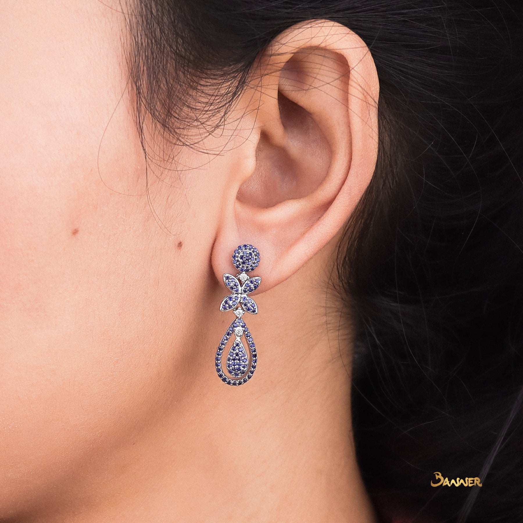 Sapphire and Diamond Drop Shaped Design Dangle Earrings