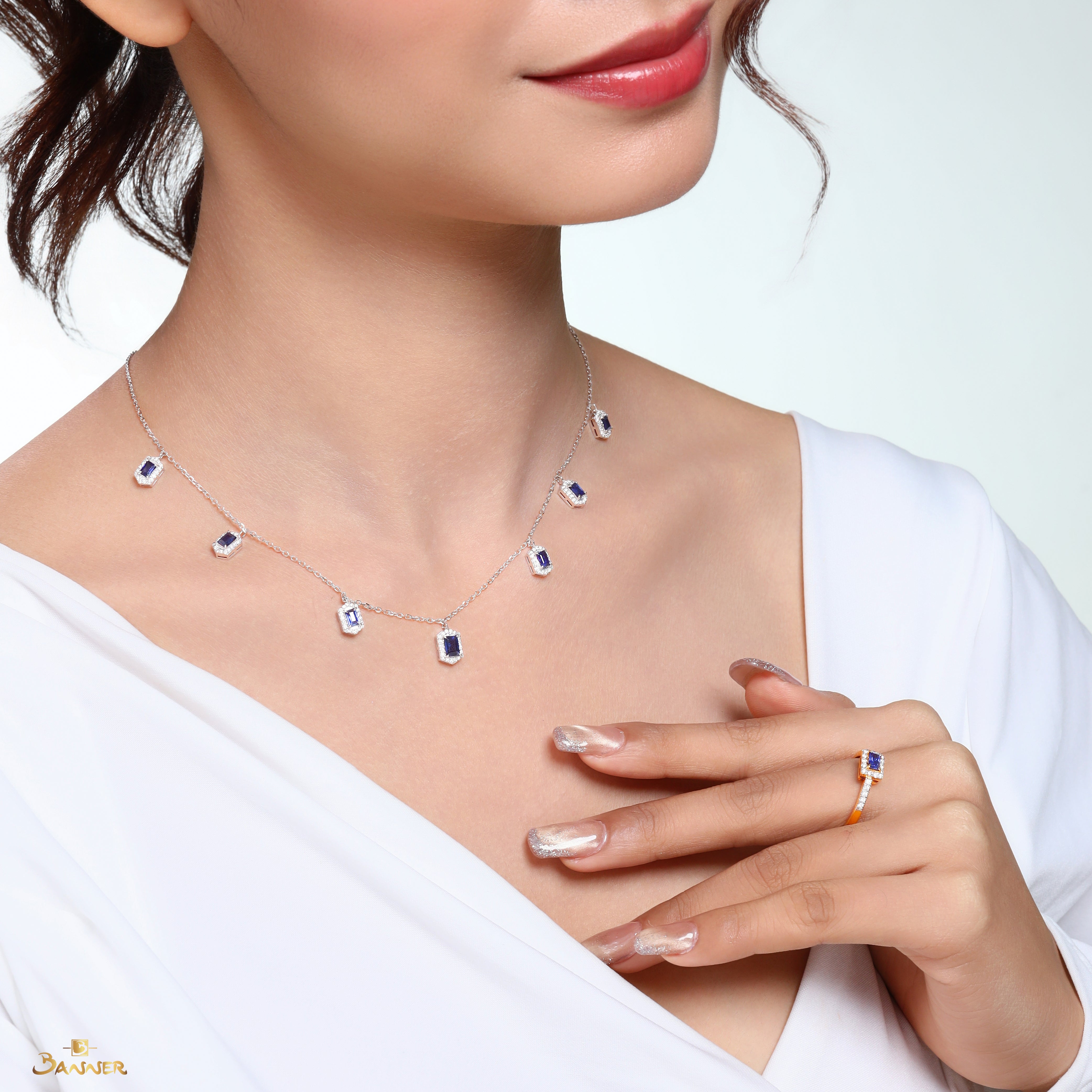 Sapphire and Diamond Halo Dangle Necklace