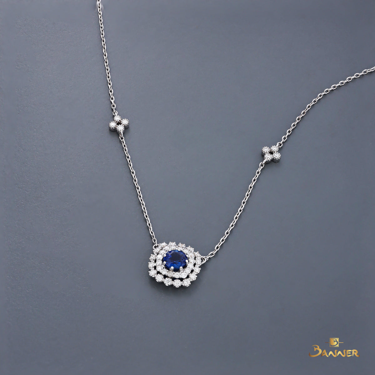Sapphire and Diamond Double Halo Necklace