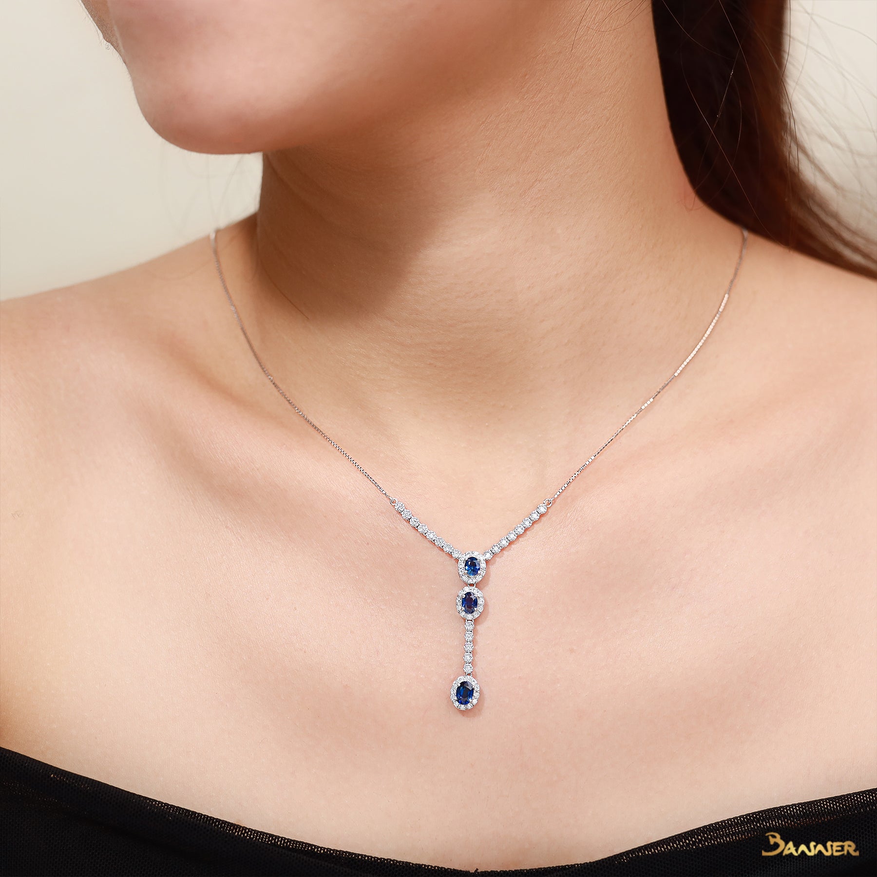 Sapphire and Diamond 3-step Halo Necklace