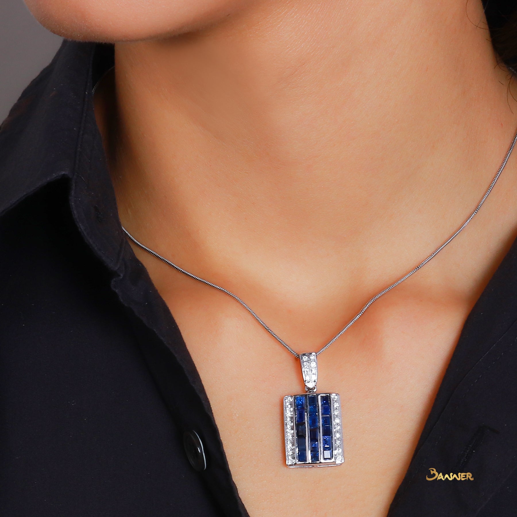 Emerald-cut Sapphire and Diamond Pendant