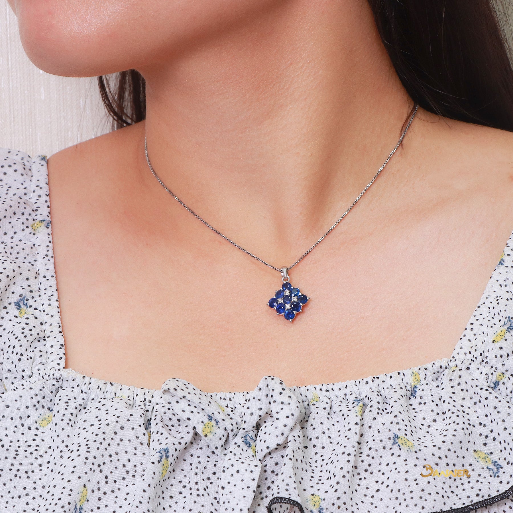 Sapphire and Diamond Checkered Stud Pendant