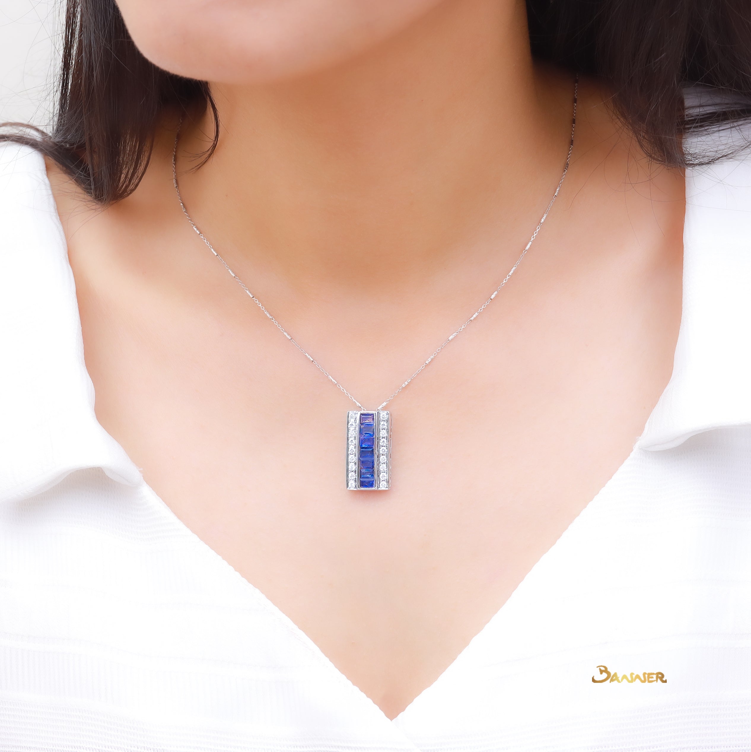 Emerald-cut Sapphire and Diamond Pendant