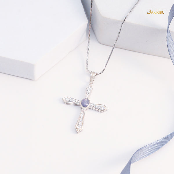 Sapphire Cabochon and Diamond Cross Pendant