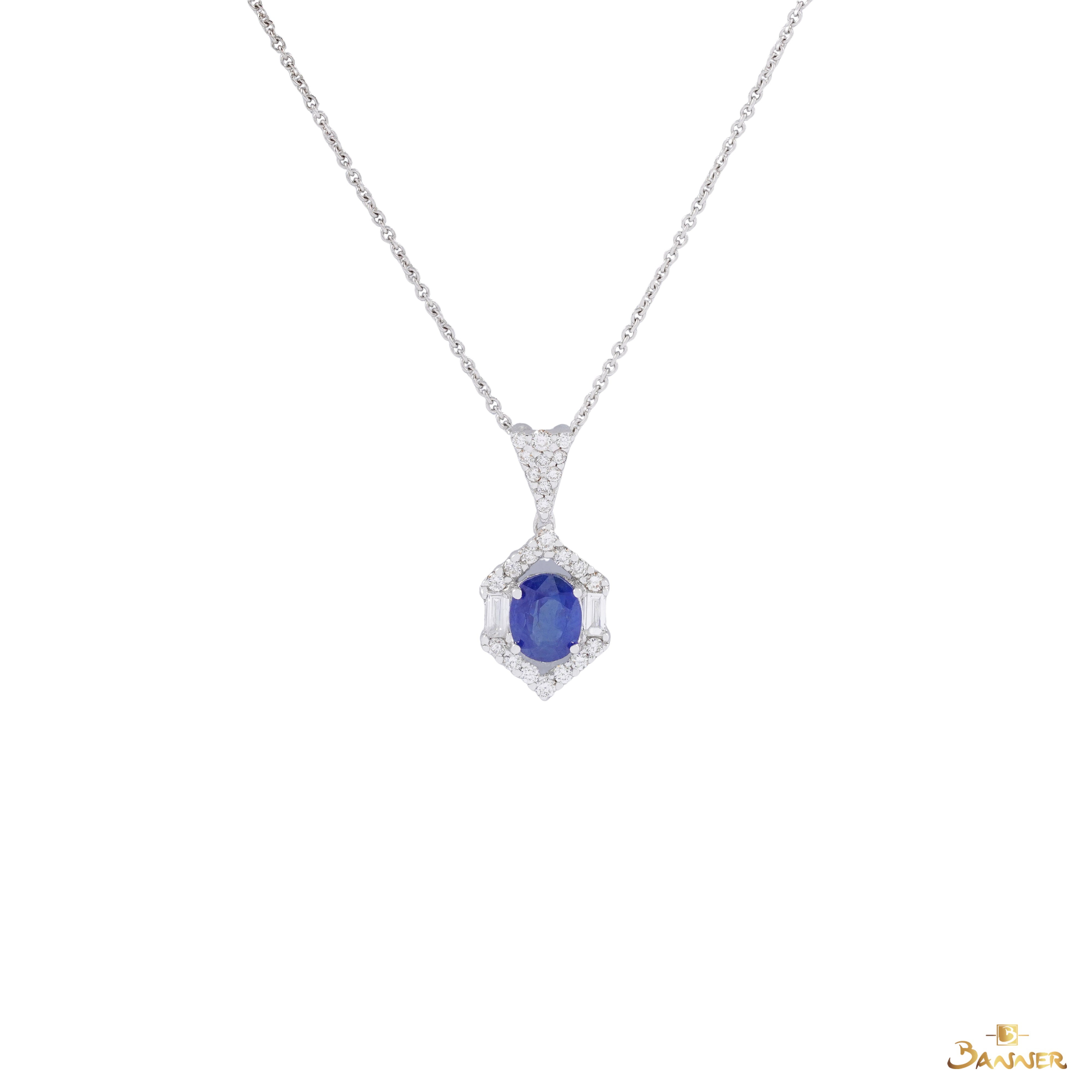 Sapphire and Baguette Diamond Vintage Halo Pendant