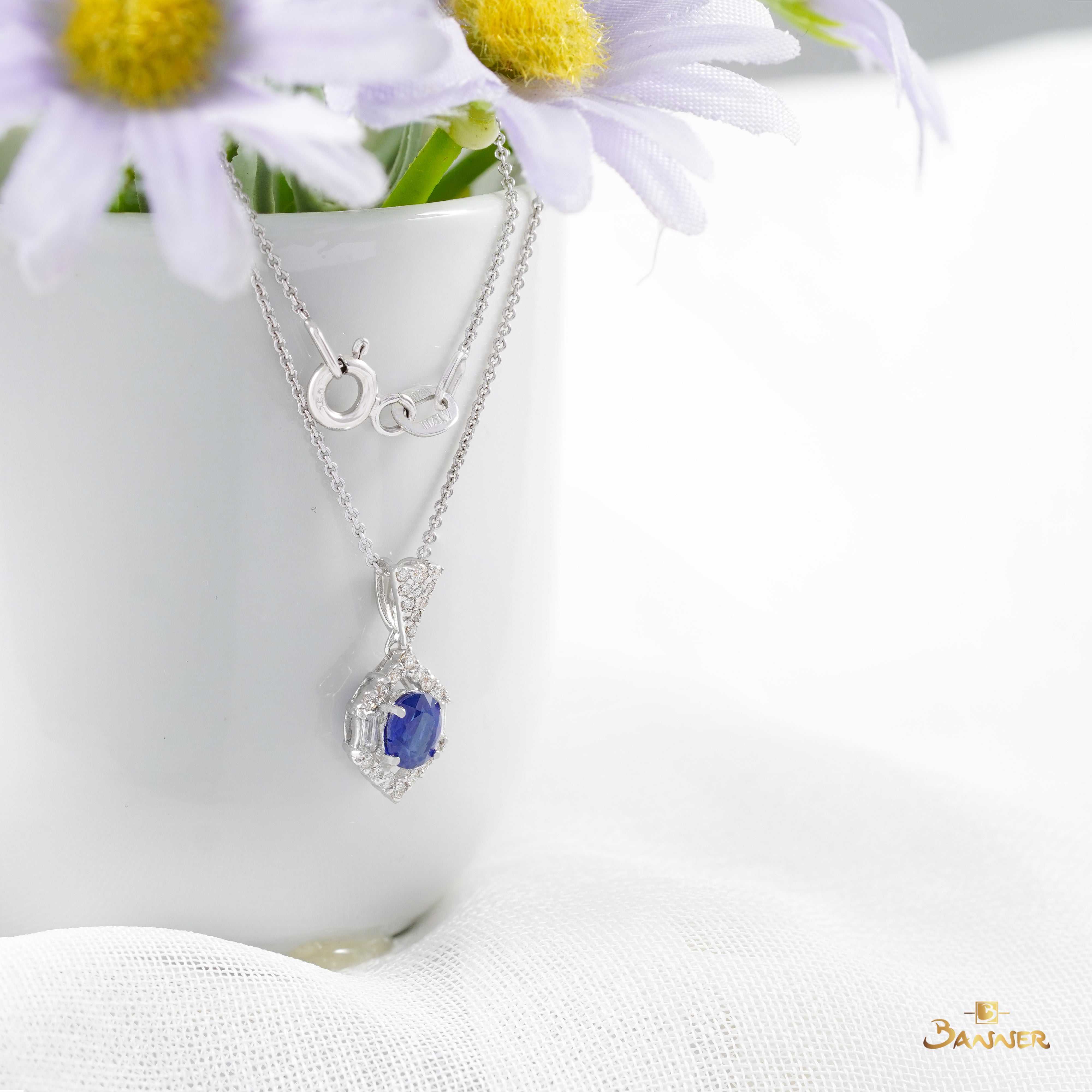 Sapphire and Baguette Diamond Vintage Halo Pendant