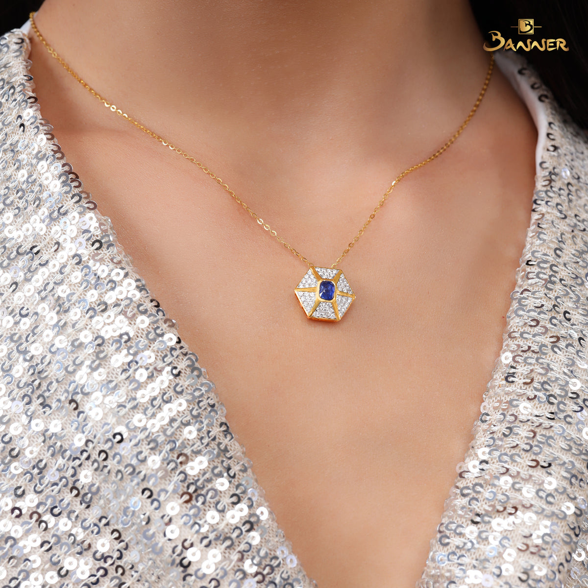 Sapphire and Diamond Hexagon Pendant