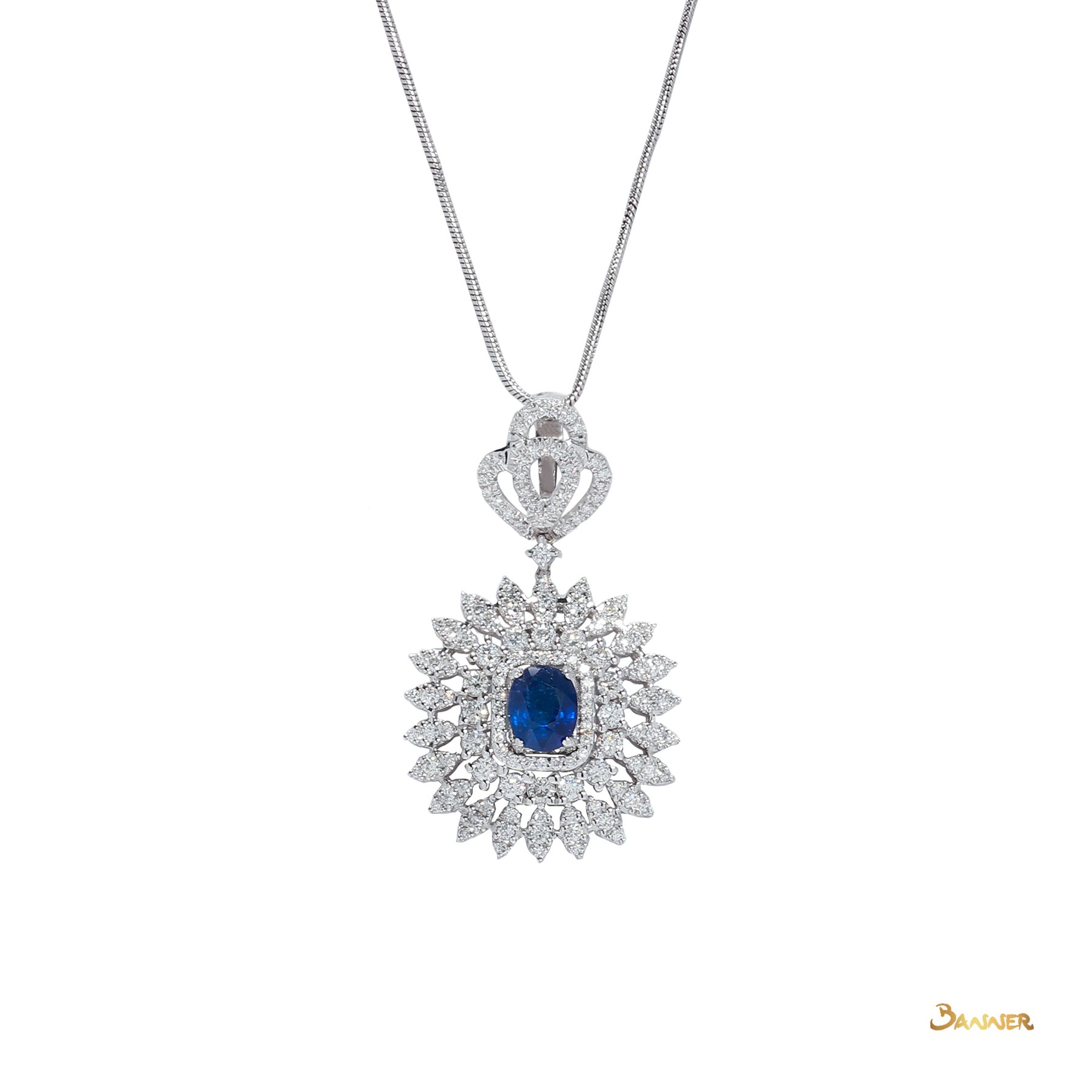 Sapphire and Diamond Double Halo Floral Pendant