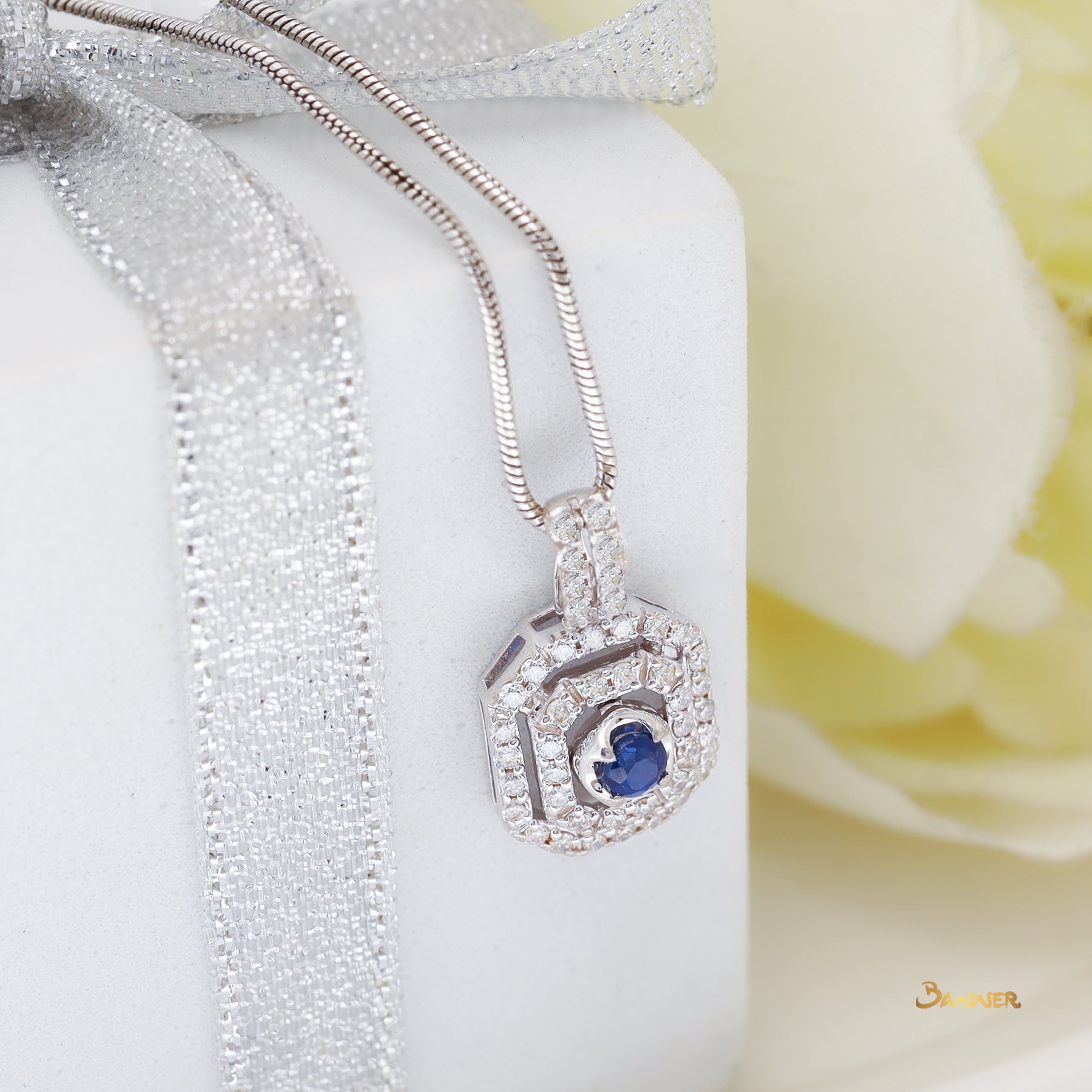 Sapphire and Diamond Double Halo Pendant