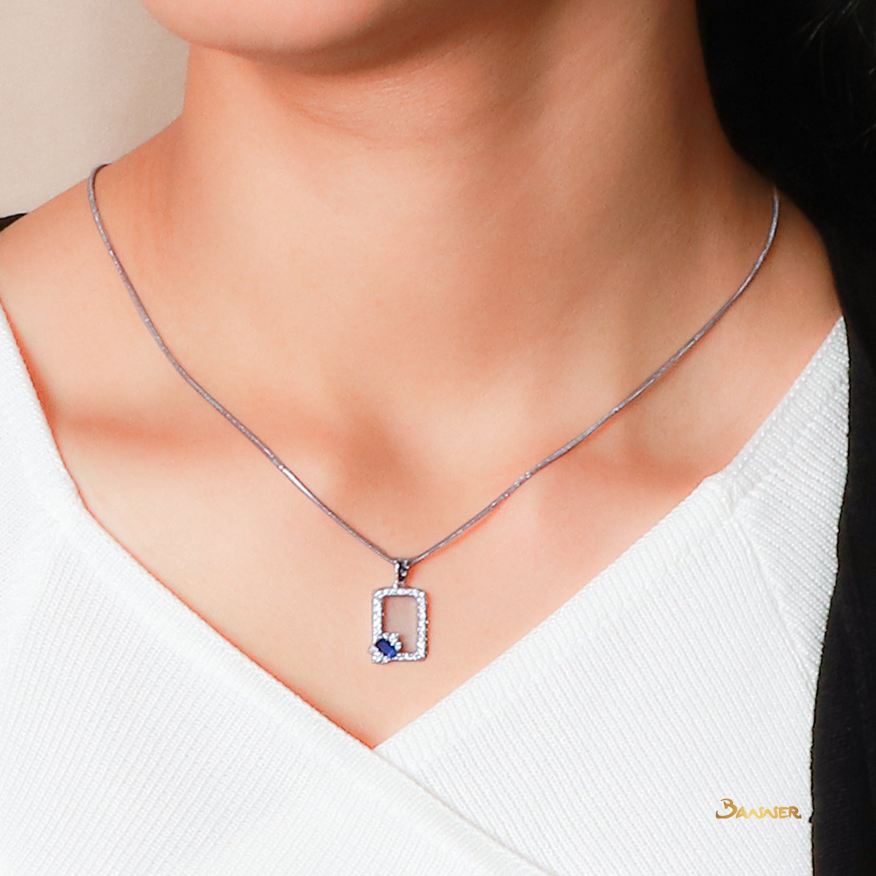 Emerald-cut Sapphire and Diamond Square Shape Pendant