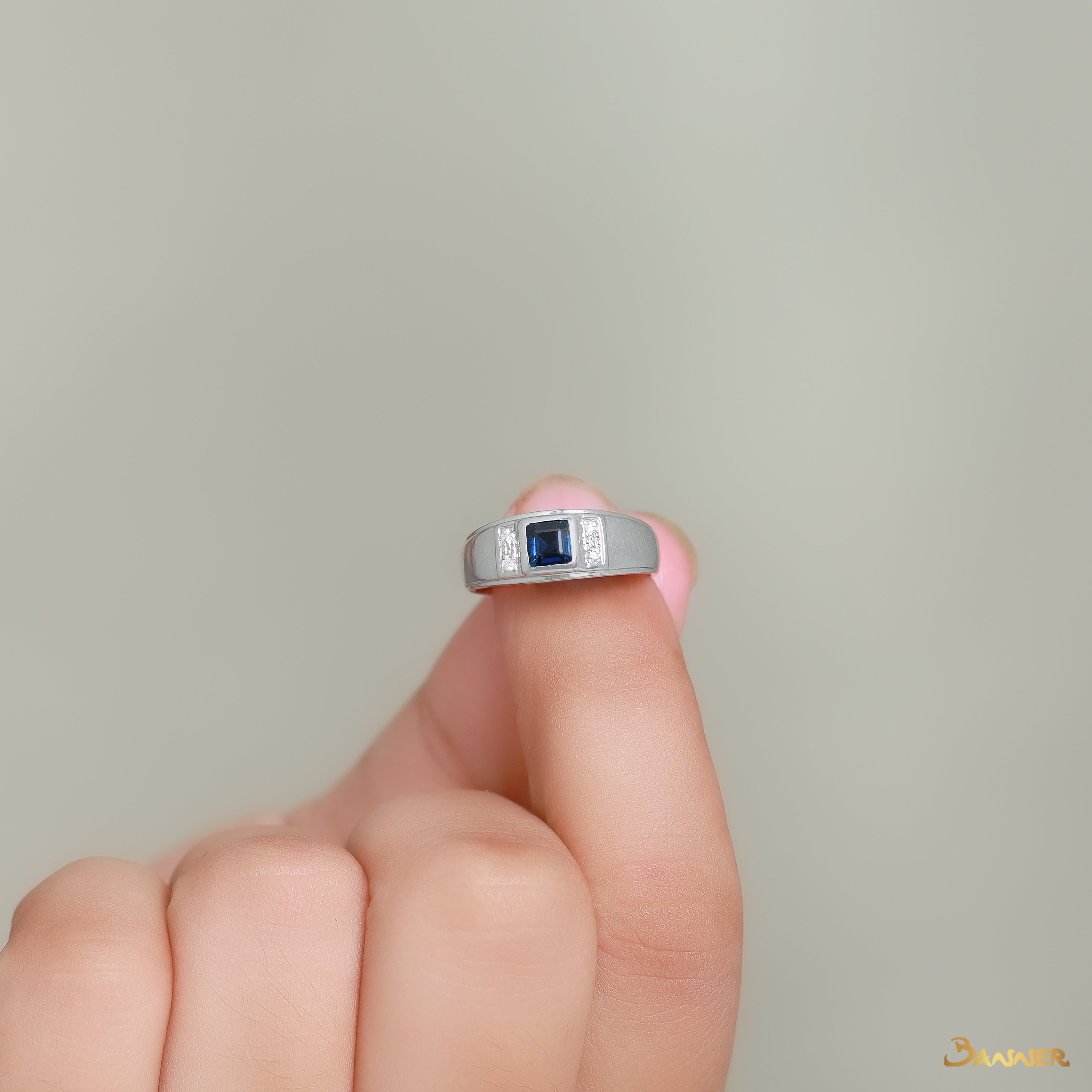 Sapphire Emerald Cut and Diamond Men Ring