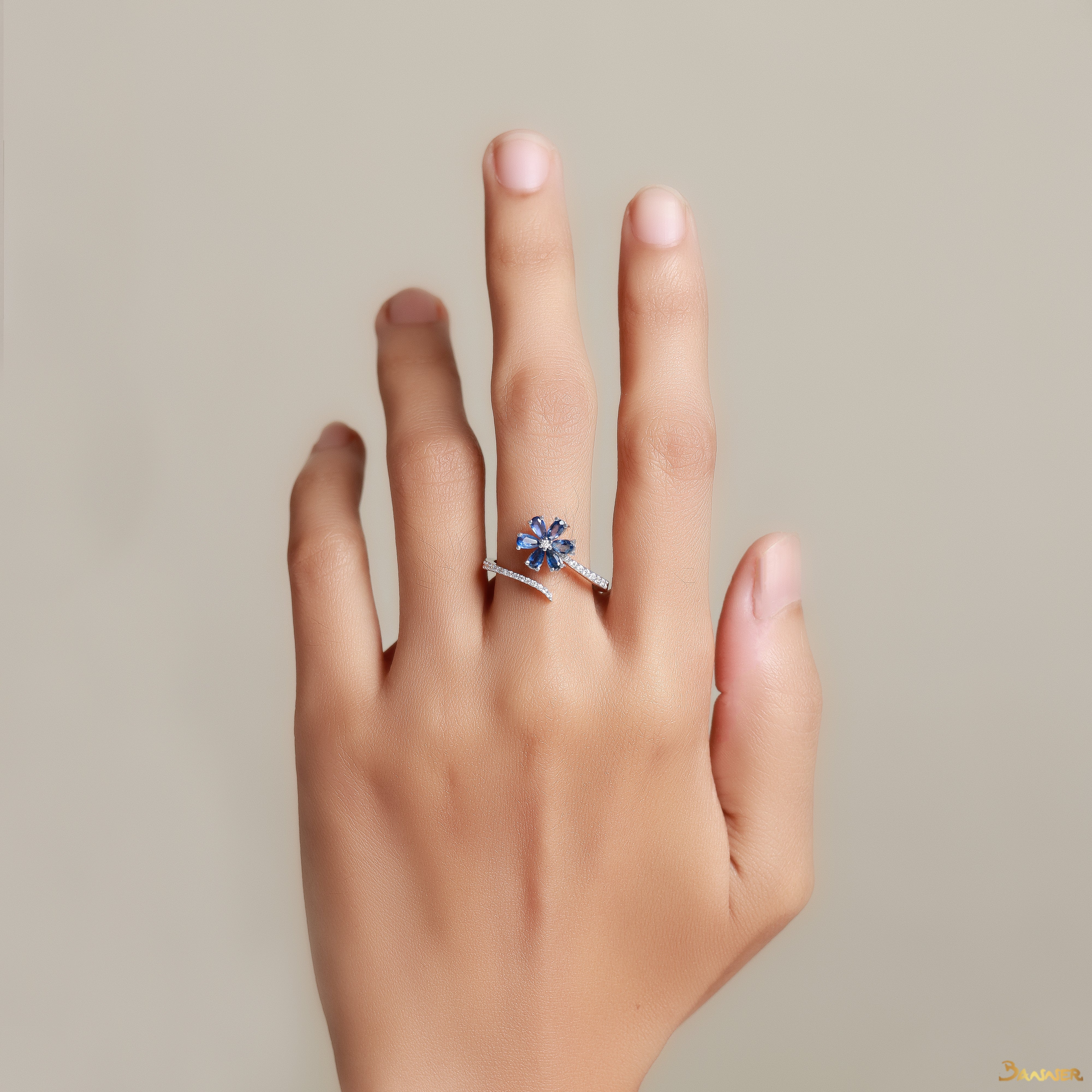 Sapphire and Diamond Floral Bypass Ring