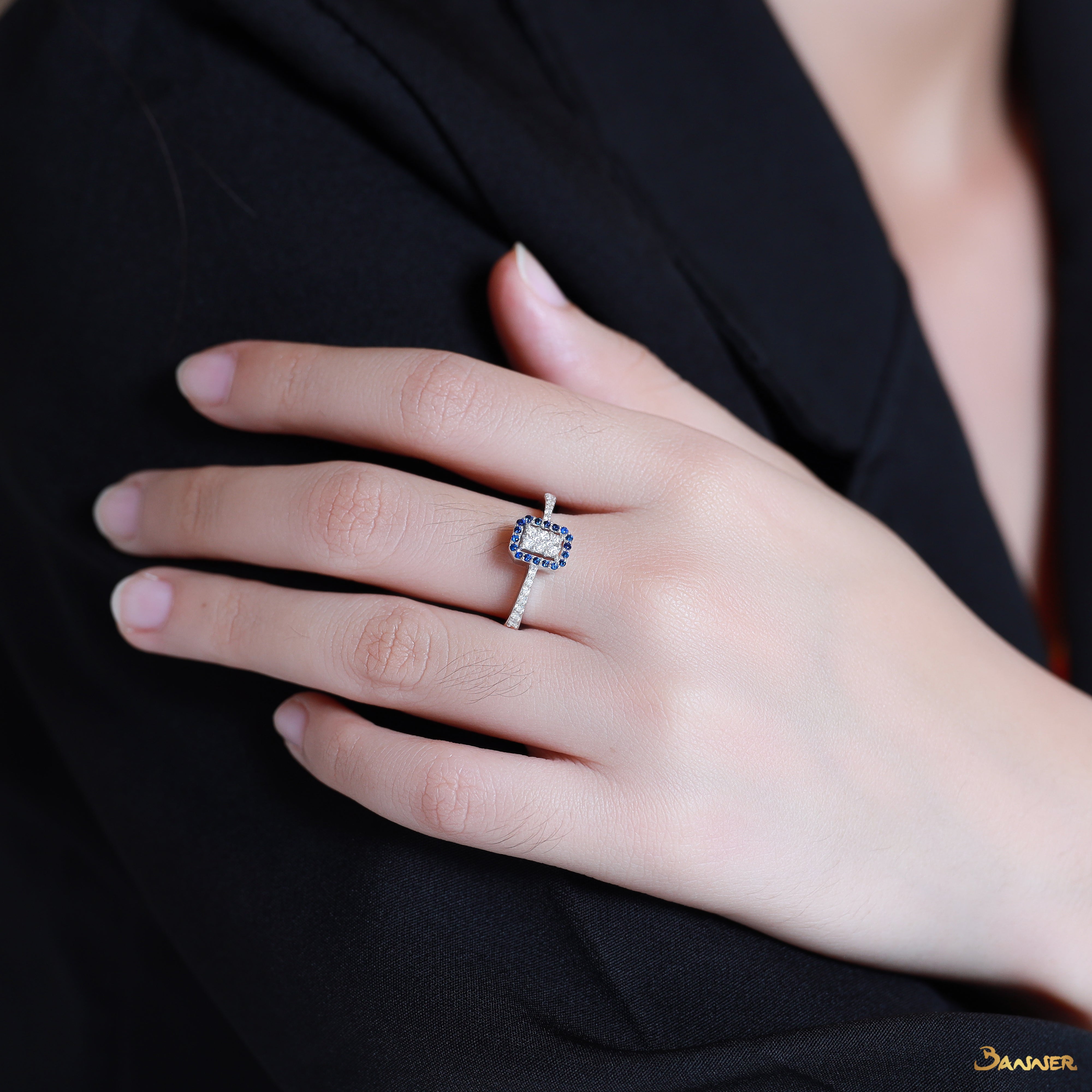 Sapphire and Diamond Cushion Halo Ring