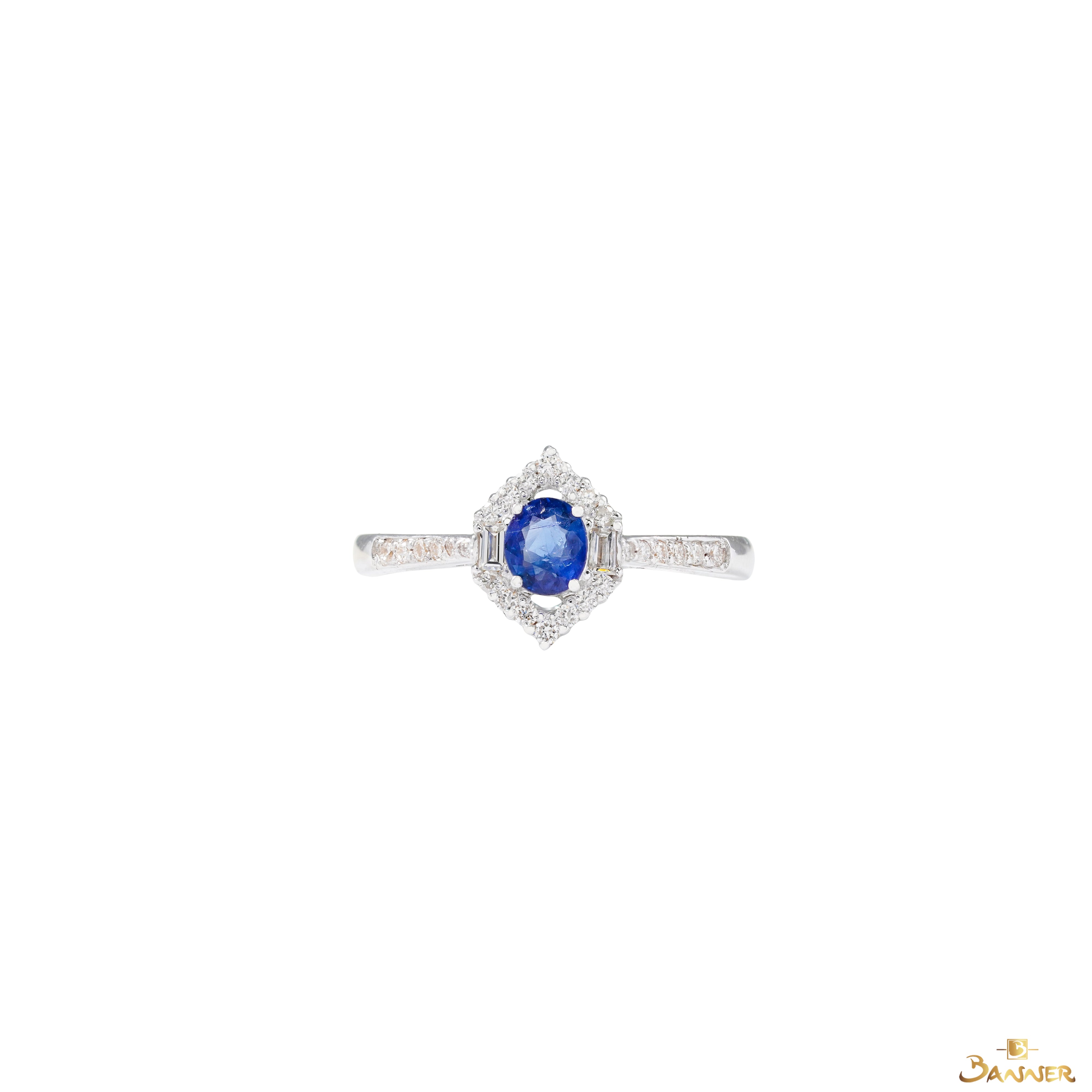 Sapphire and Baguette Diamond Luna Halo Ring