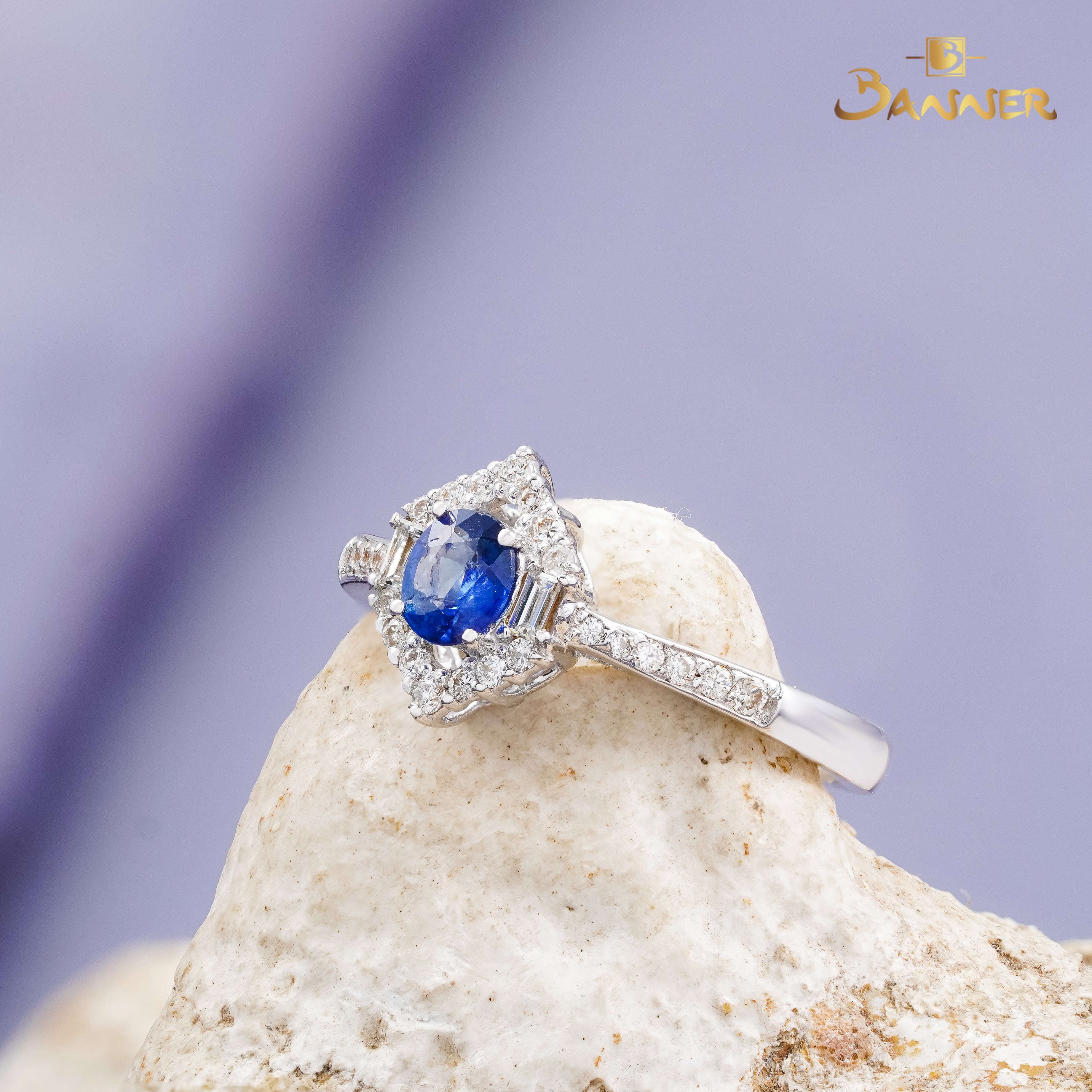 Sapphire and Baguette Diamond Luna Halo Ring