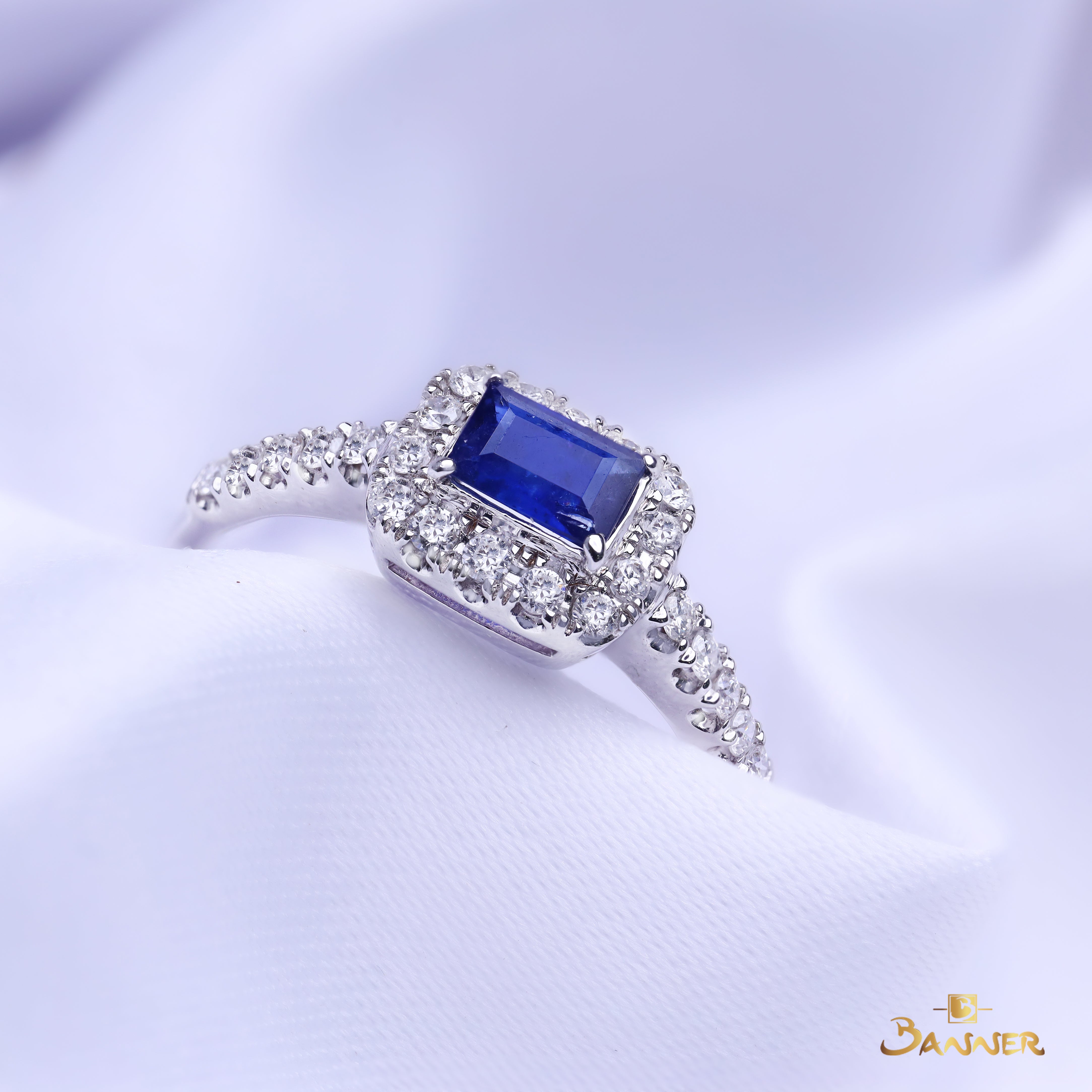 Emerald-cut Sapphire and Diamond Halo Ring
