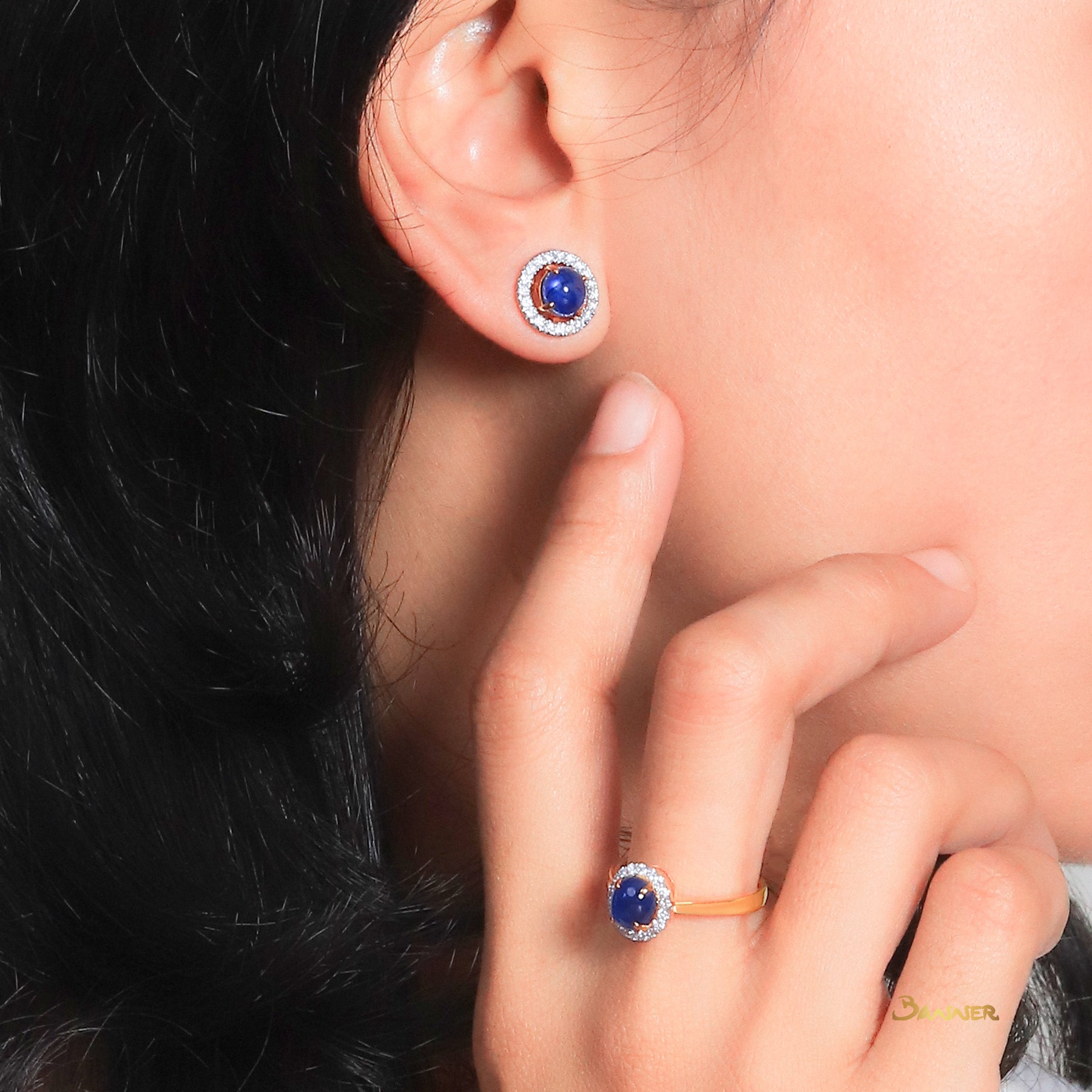 Sapphire Cabochon and Diamond 2-ways Halo Earrings