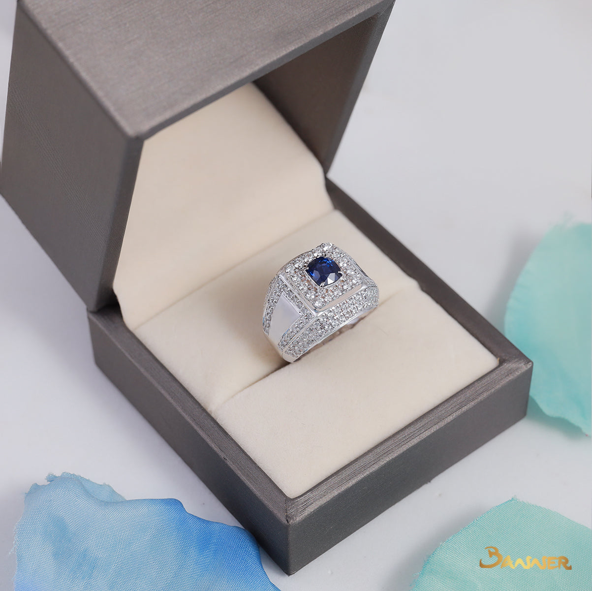 Sapphire and Diamond Halo Men Ring