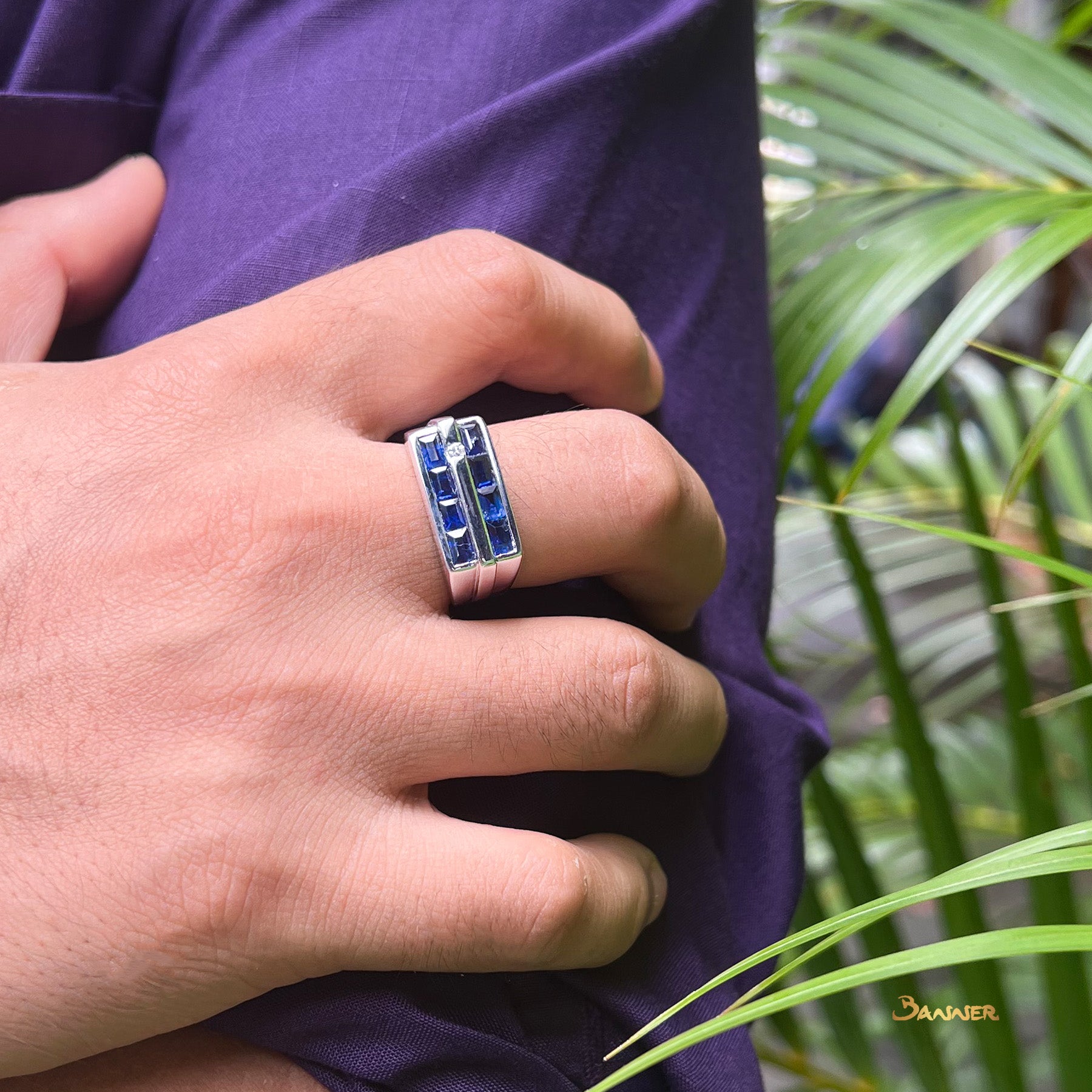 Emerald-cut Sapphire and Diamond Men's Ring