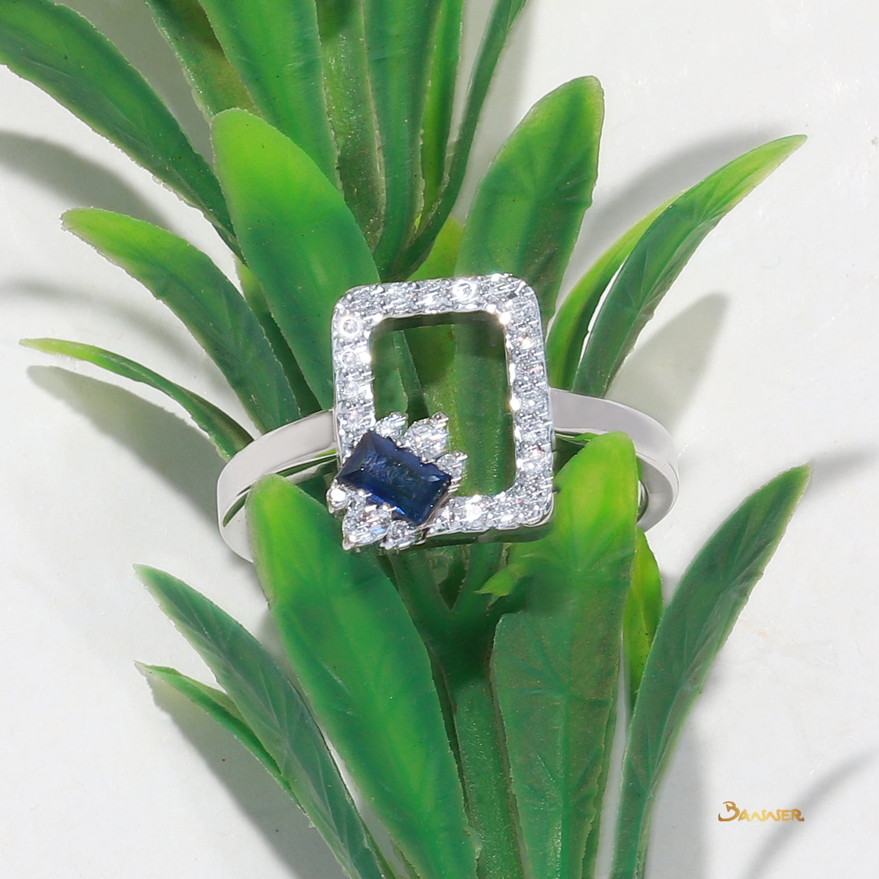 Emerald-cut Sapphire and Diamond Square Shape Ring