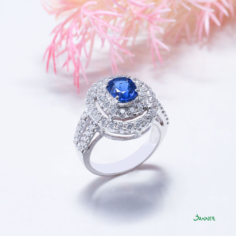 Sapphire and Diamond Two Rows Ring