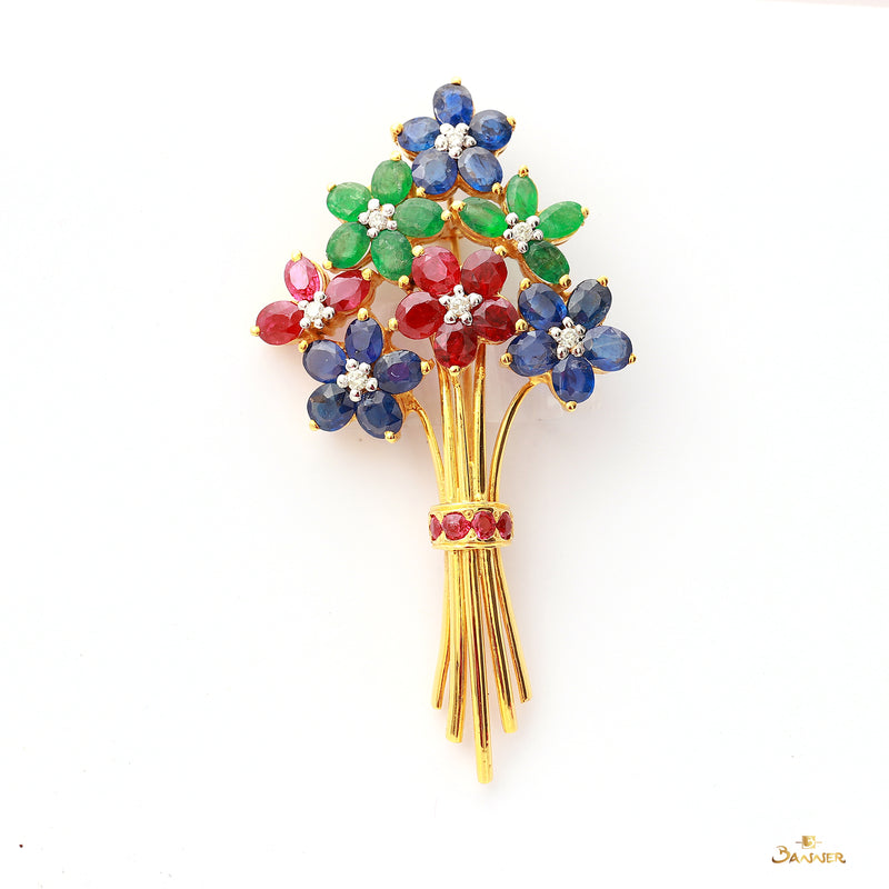 Ruby ,Sapphire and Emerald and Diamond Flower Brooch